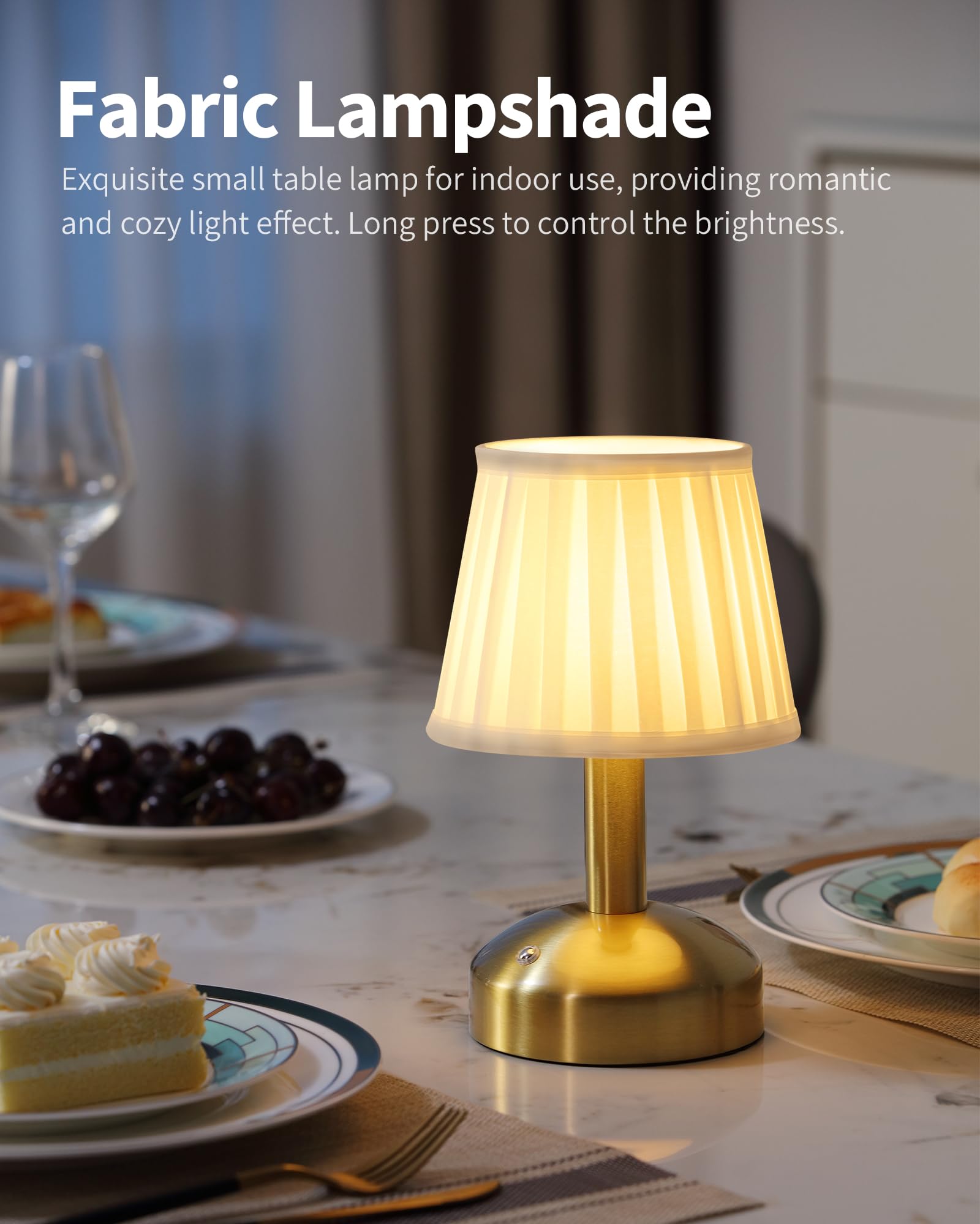 Kdg Modern Cordless Small Table Lamp, Led Fabric Shade, 5000Mah Battery, Gold & White, Model Amz-Tbl-012-Dg