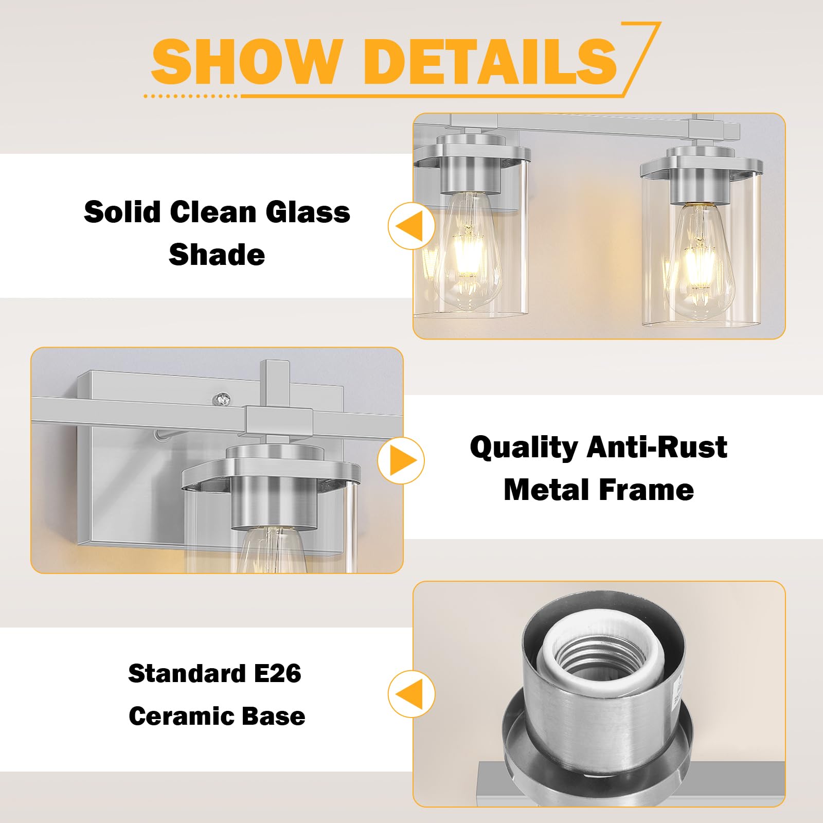 Spiglamm Brushed Nickel Bathroom Light Fixtures, 3-Lights Bathroom Vanity Light With Glass Shades, Modern Vanity Lights For Mirr