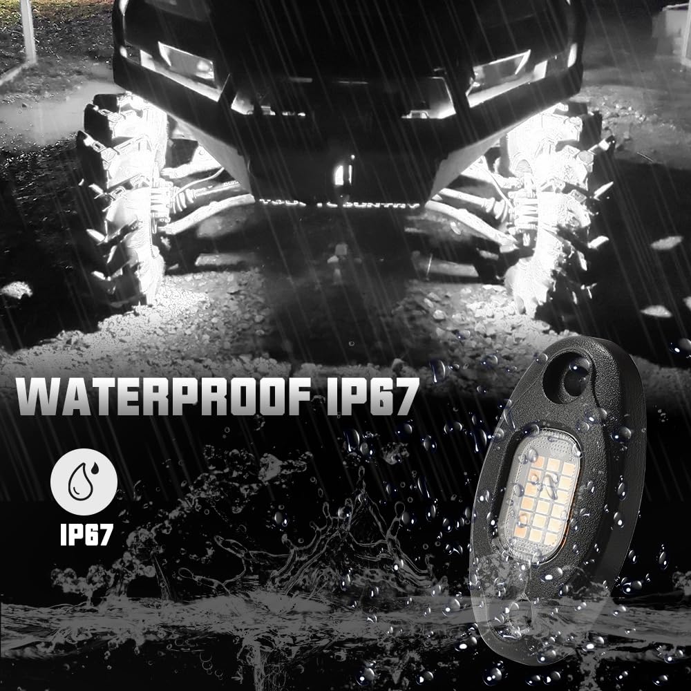 Sunpie 12 Pods Quick Connect White Rock Lights, Aluminium Metal, 24 High Power Chips, 4M Extension Wires Each, 6000K Pure White, Mounting Pads, Ip67 Waterproof, Fits For Trucks Trailer Suv Atv Utv