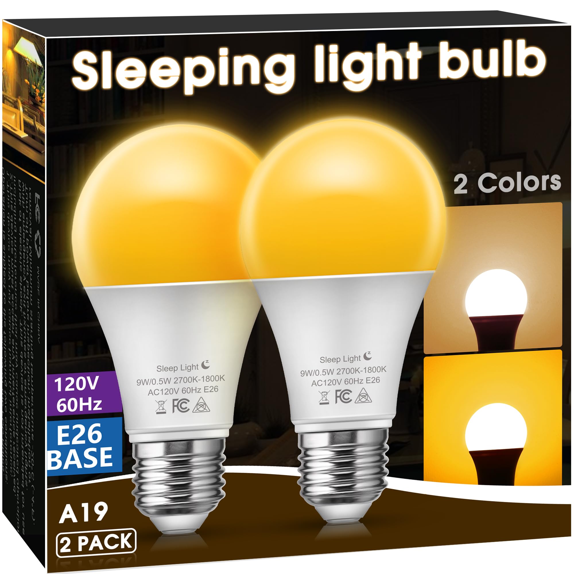 Amber Sleep Light Bulbs, A19 E26 Warm Ligjt(2700K-1800K), Wall-Controlled Switch Dimmable Soft Lights For Lamps, Blue Light Bloc
