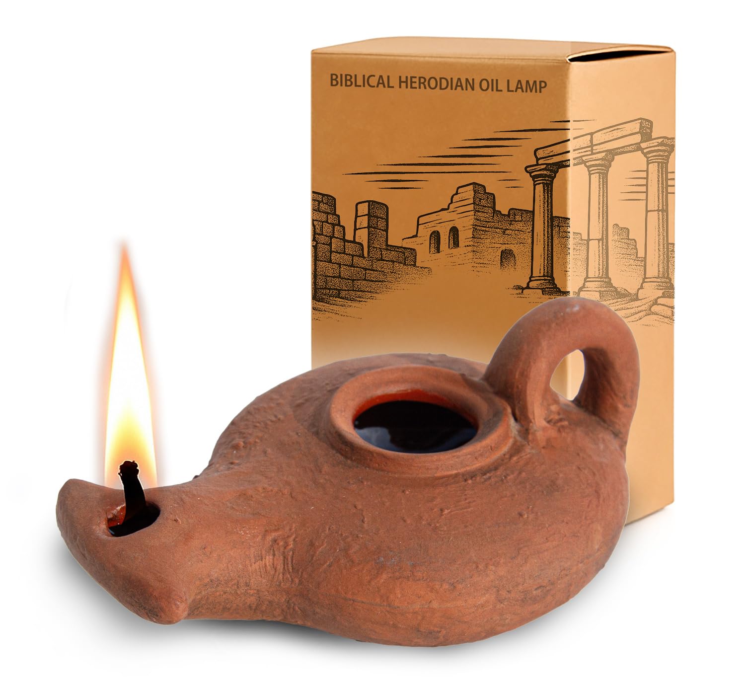 Herodian - Biblical Classic With Handle Glazed Inside In A Gift Box - Replica Ancient Clay Oil Lamp & Certificate Of Authenticity Hanukkah-Judaica/Christian Gift