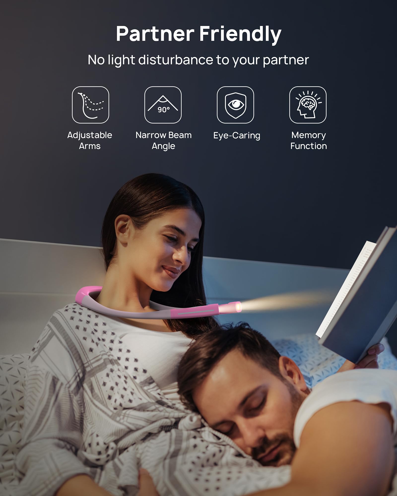 TROND LED Neck Reading Light, 3 Color Modes, 3 Brightness Levels, Rechargeable, Medium, Rose Pink, Model TD-RL01