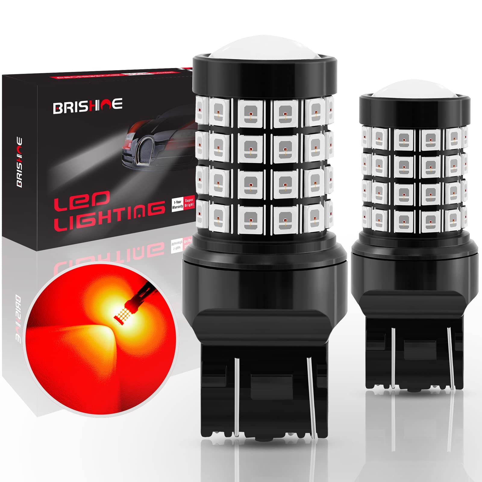 BRISHINE LED Brake Light Bulbs, 7443/7440/7444, Super Bright 52-SMD, Brilliant Pure Red, Model SHINE-FLA7443R-2P