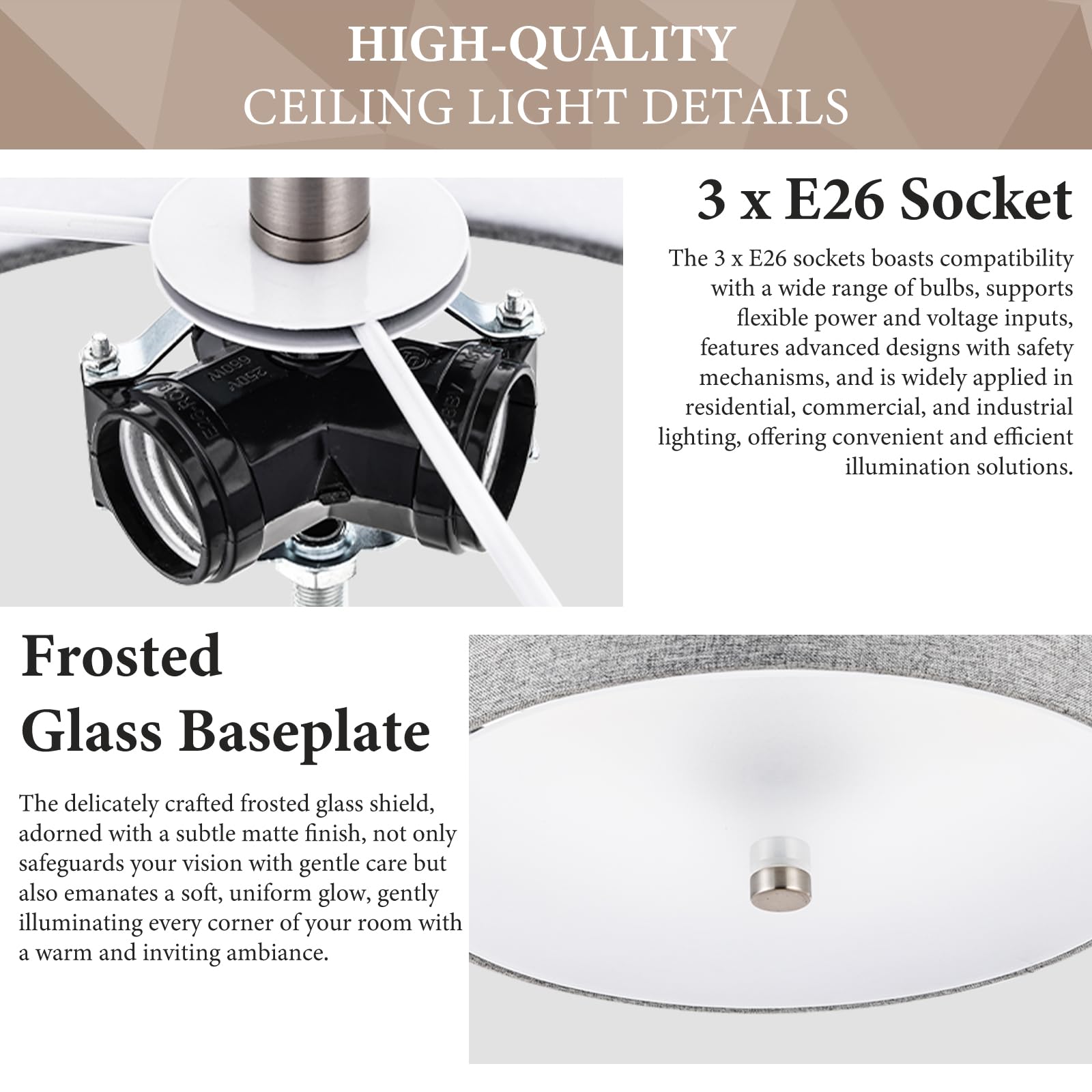 3-Light Semi Flush Mount Ceiling Light Fixture, 13" Modern Drum Light With Grey Fabric Shade, Close To Ceiling Lighting Hanging Lamps For Bedroom Living Room Dining Room Kitchen Hallway