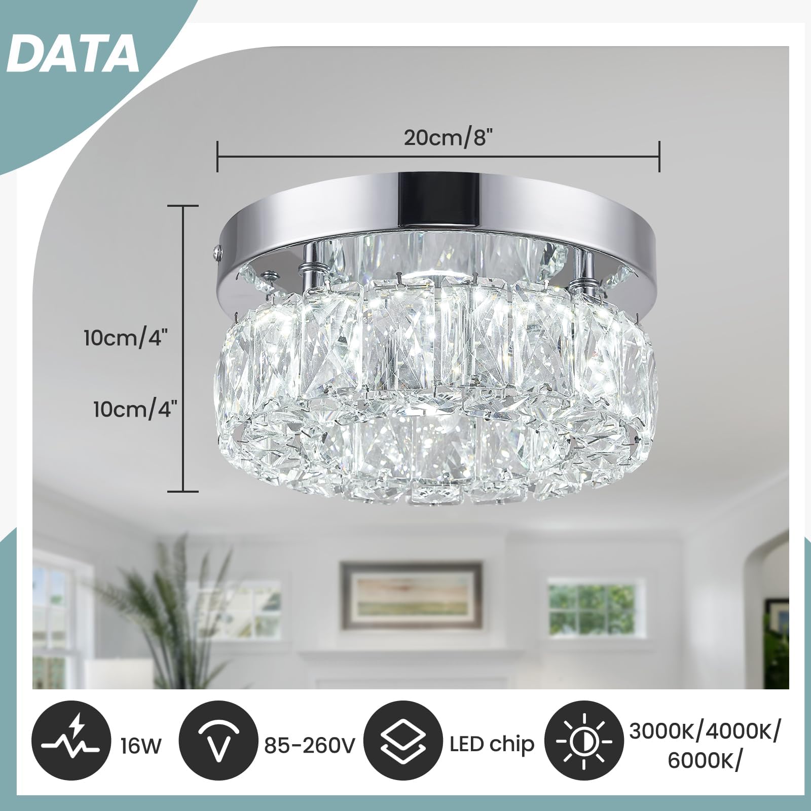 Leontyne 7.9 Inch Dimmable Modern Crystal Chandeliers Mini Led Ceiling Light Fixtures Stainless Steel Flush Mount Ceiling Chande