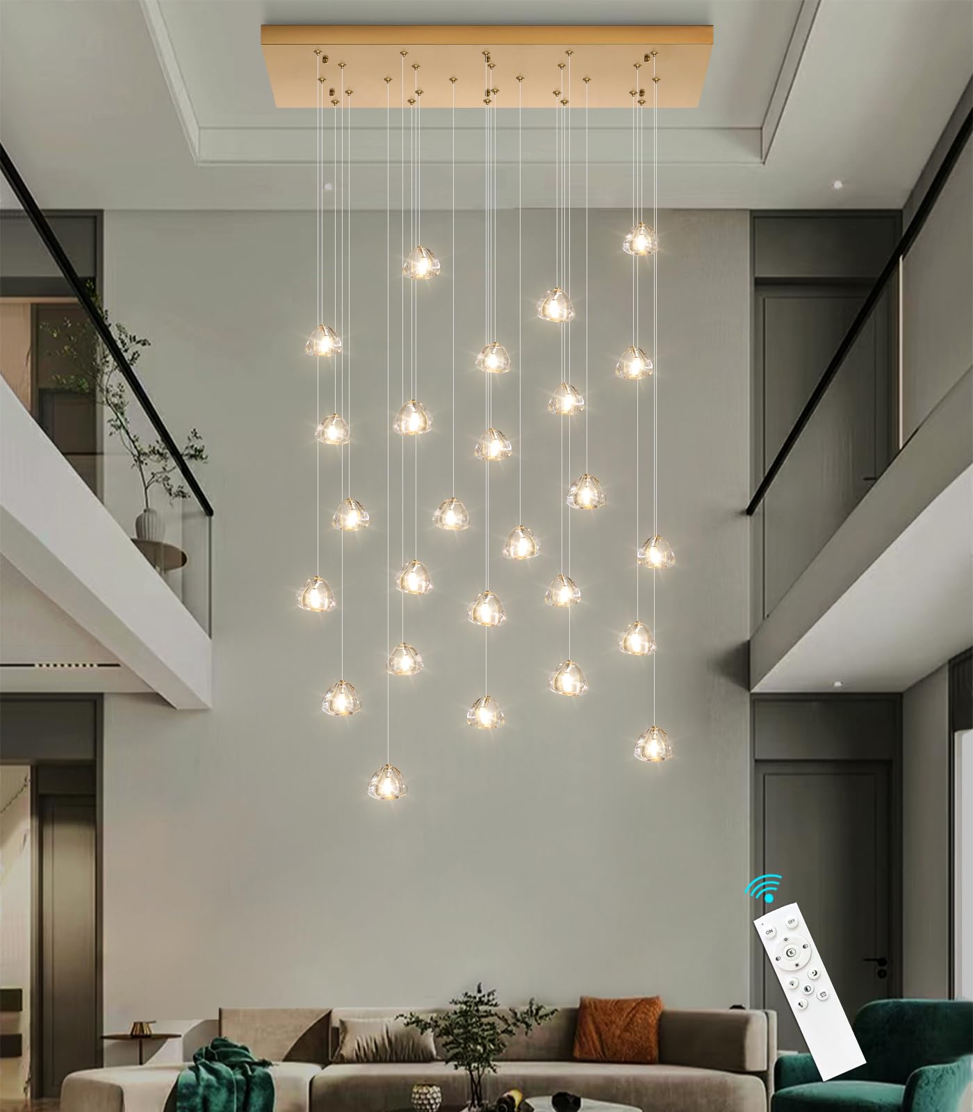 HAIXIANG LED Rectangular Chandeliers, Dimmable 26 Lights, Antique Gold Finish, High Ceiling Pendant Light for Living Room & Dining Room
