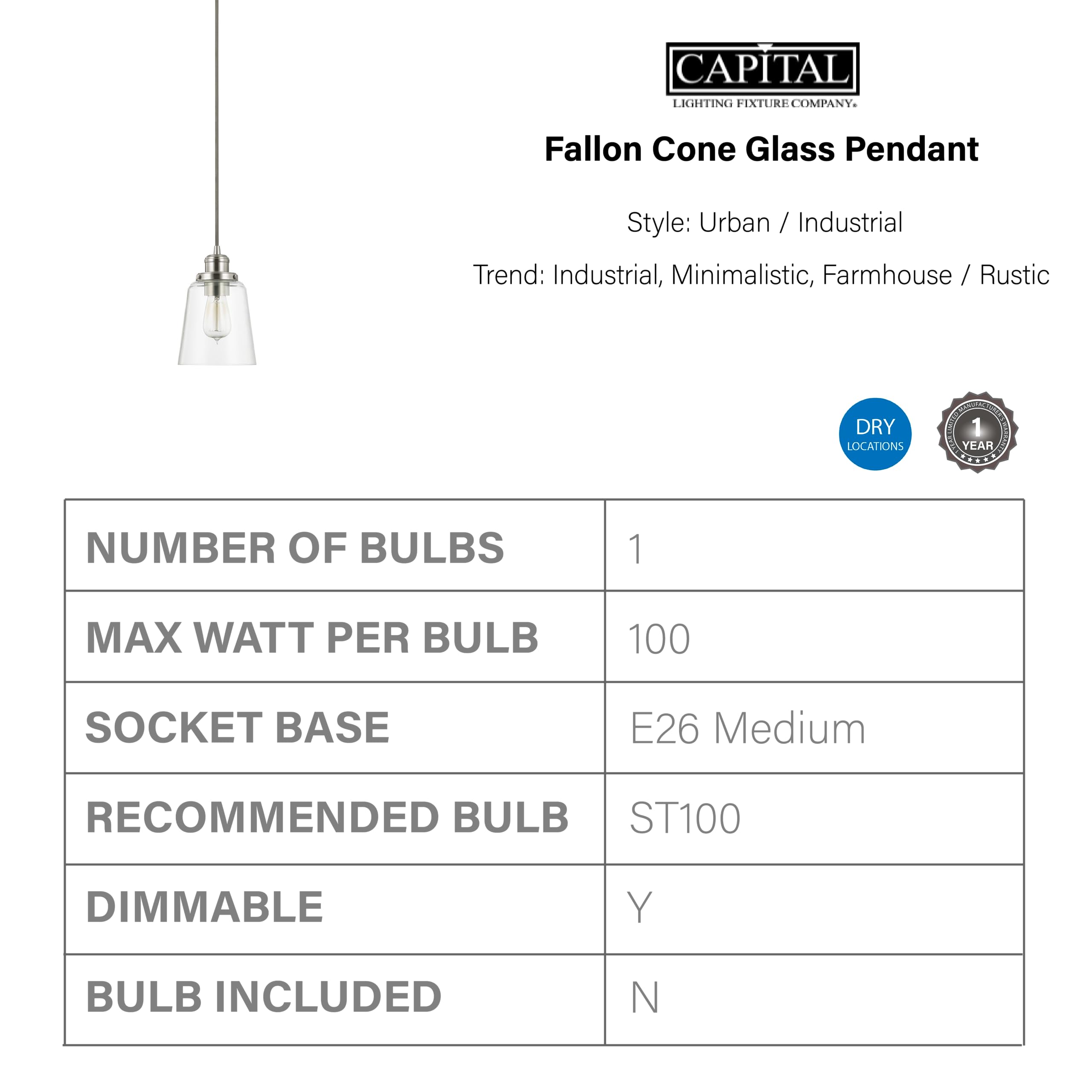 Capital Lighting Dunlap Pendant Light, 1-Light, 100 Watt, Brushed Nickel, 9in H x 6in W, Model 3718BN-135, Modern Farmhouse Style