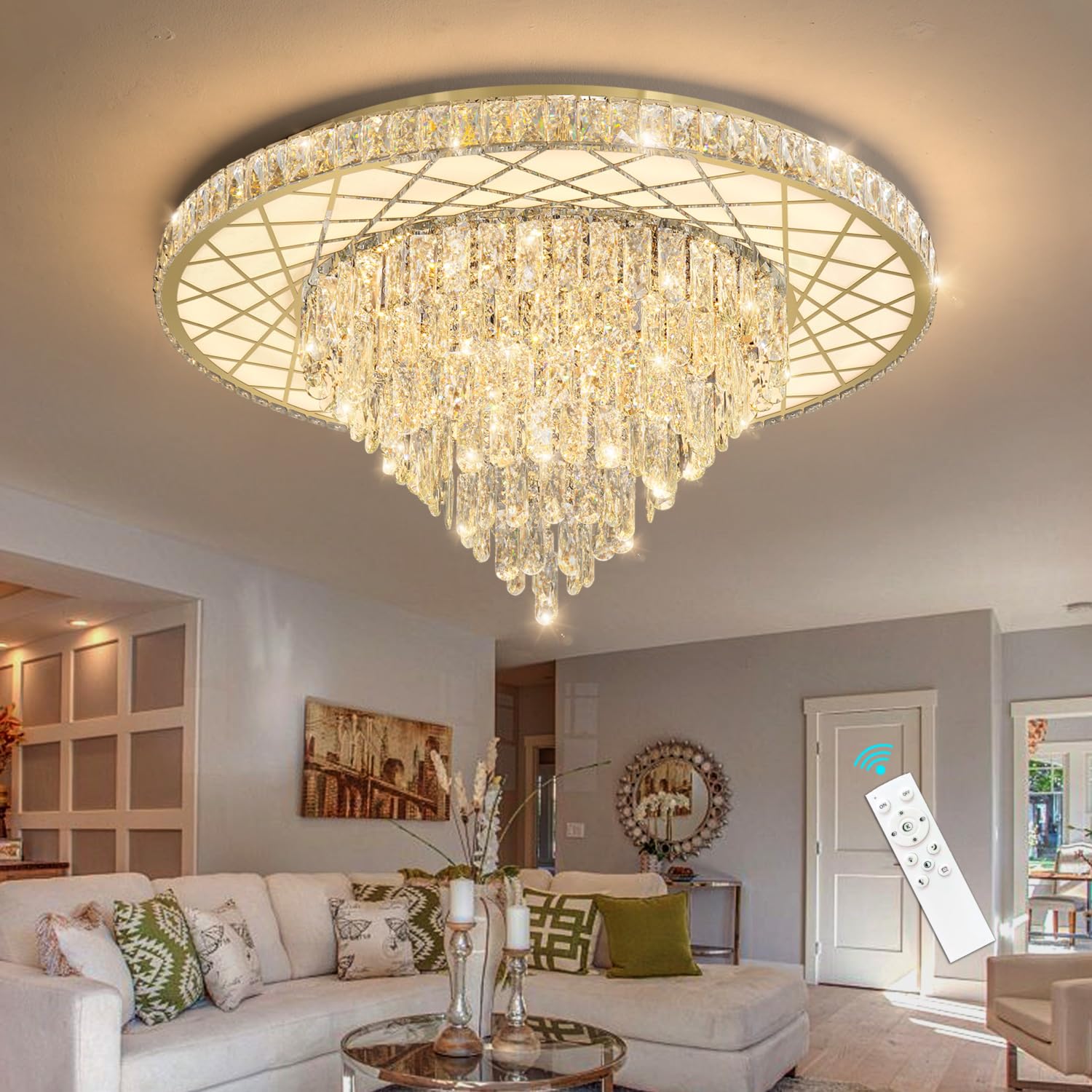 HAIXIANG Elegant Modern Crystal Chandelier Lighting Elegant Dining Room Living Room Fixture Chandeliers with 60W LED Dimmable Lights Gold