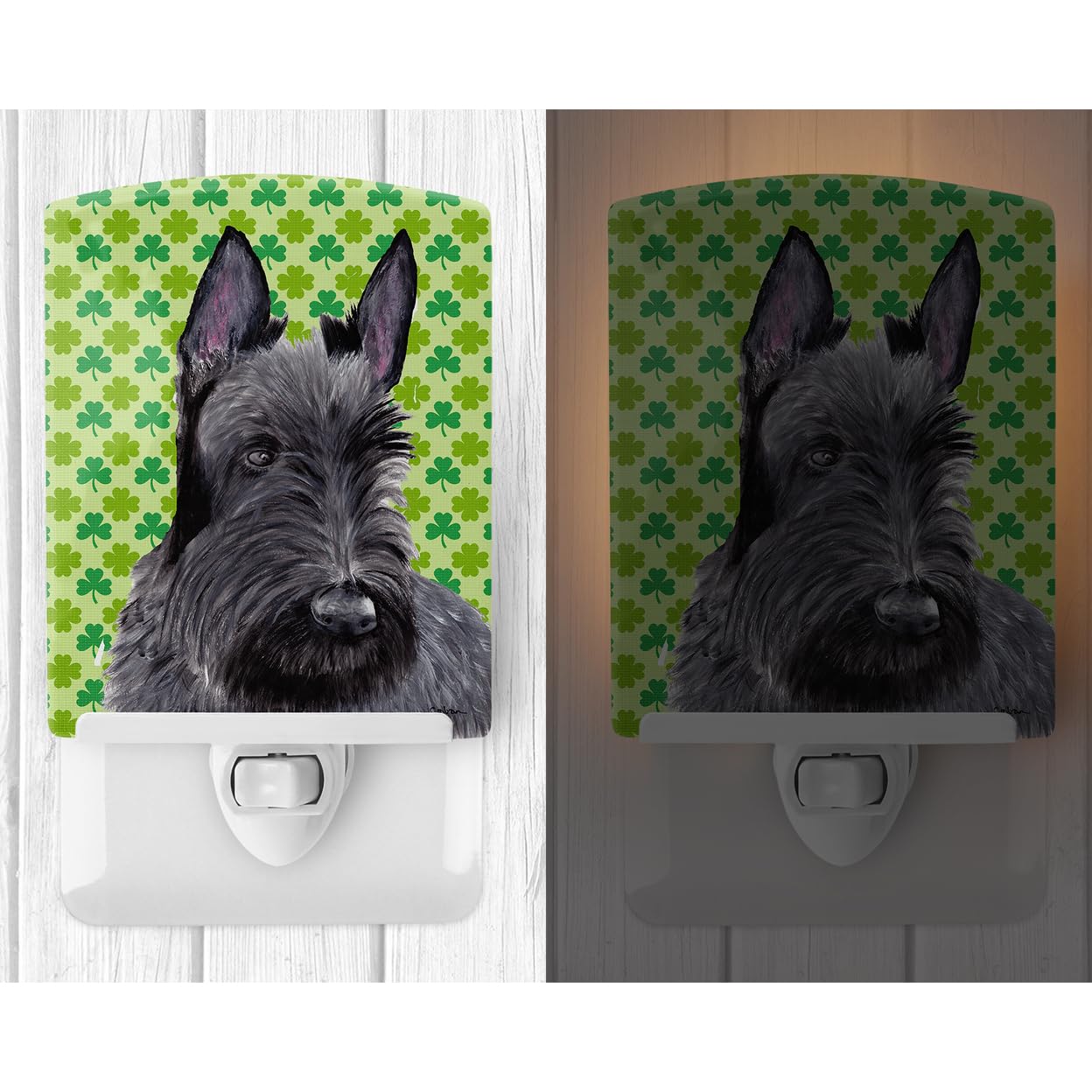 Caroline'S Treasures Sc9306Cnl Scottish Terrier St. Patrick'S Day Shamrock Portrait Ceramic Night Light Compact, Ul-Certified, Ideal For Bedroom, Bathroom, Nursery, Hallway, Kitchen, 6X4X3, Multicolo