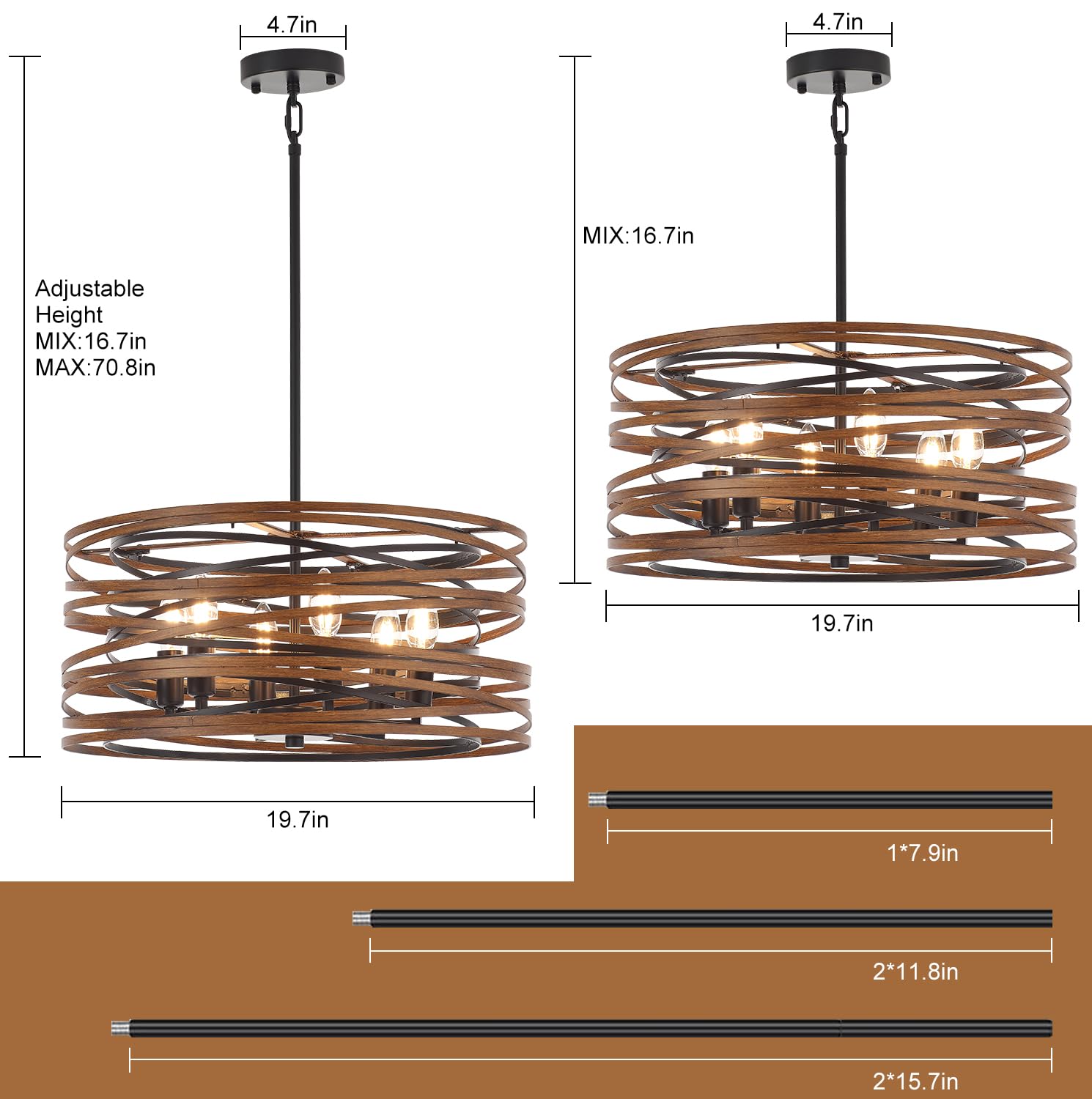 Yomecoo 19.7'' Drum Chandelier Light Fixture Vintage Farmhouse 6-Lights Black Chandelier With Wooden Finish Industrial Rustic Dr