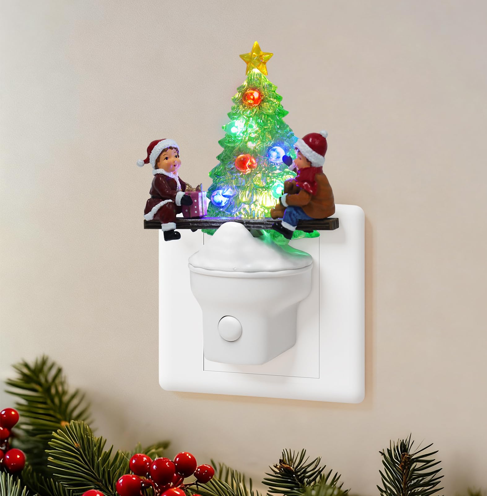 Xanqinluma Christmas Night Light Plug into Wall Nightlight with USB/Outlet Options  Christmas Tree Decorative Night Light for Bedroom Kitchen Nursery Holiday Decorations Gifts (Seesaw)