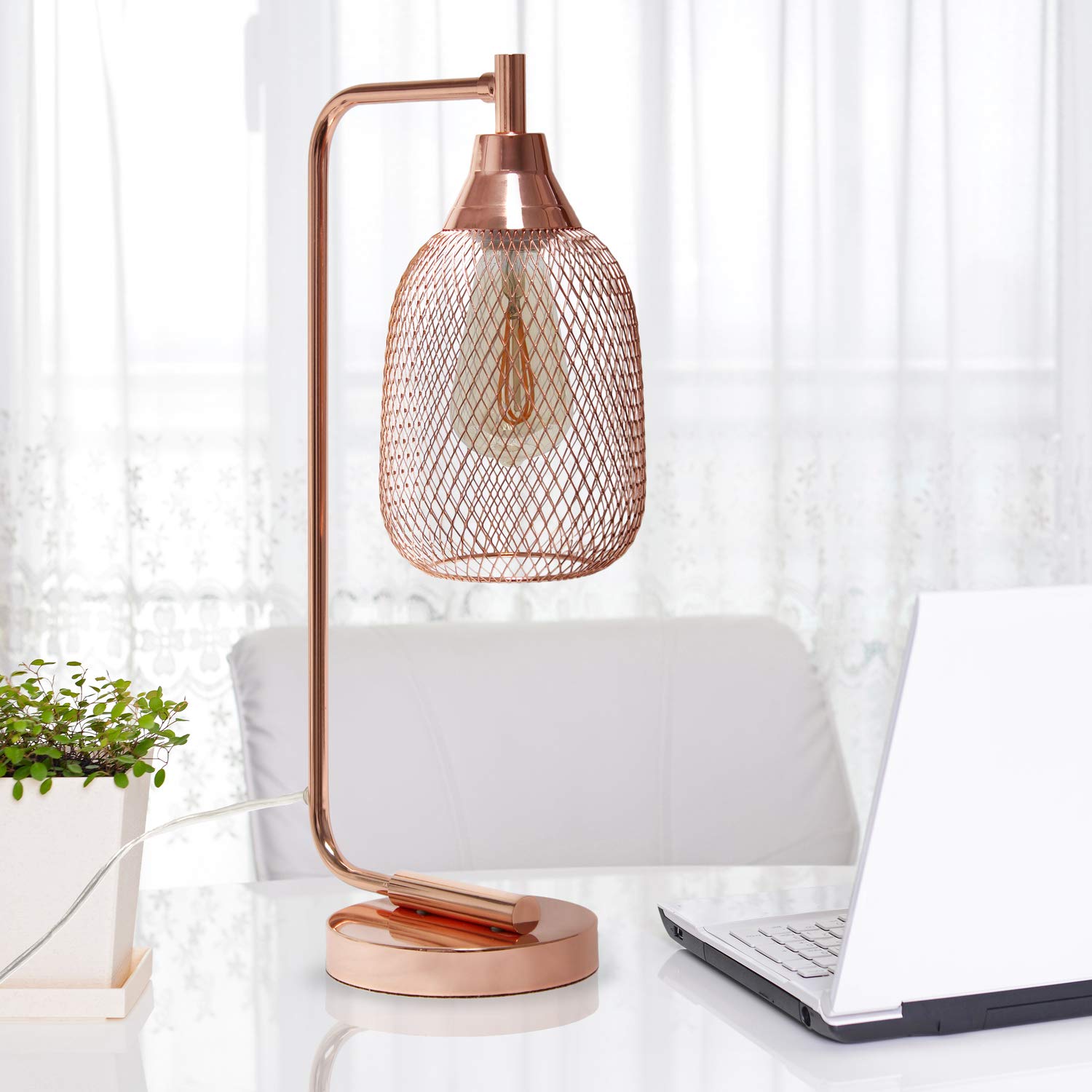 LALIA HOME Industrial Office Desk Lamp, Metal, Rose Gold, Wired Mesh Shade, Model LHD-2000-RG
