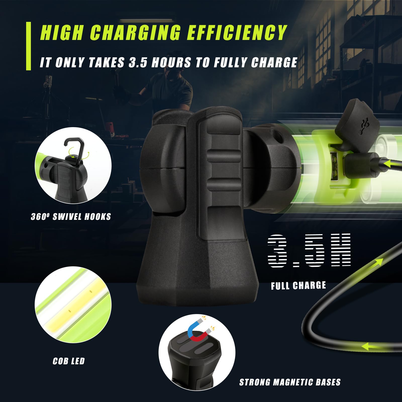 Zoeyltg Work Light, 3000Lm Bright Led Work Light, 5200Mah Rechargeable Magnetic Underhood Work Light With Hooks & Power Output,