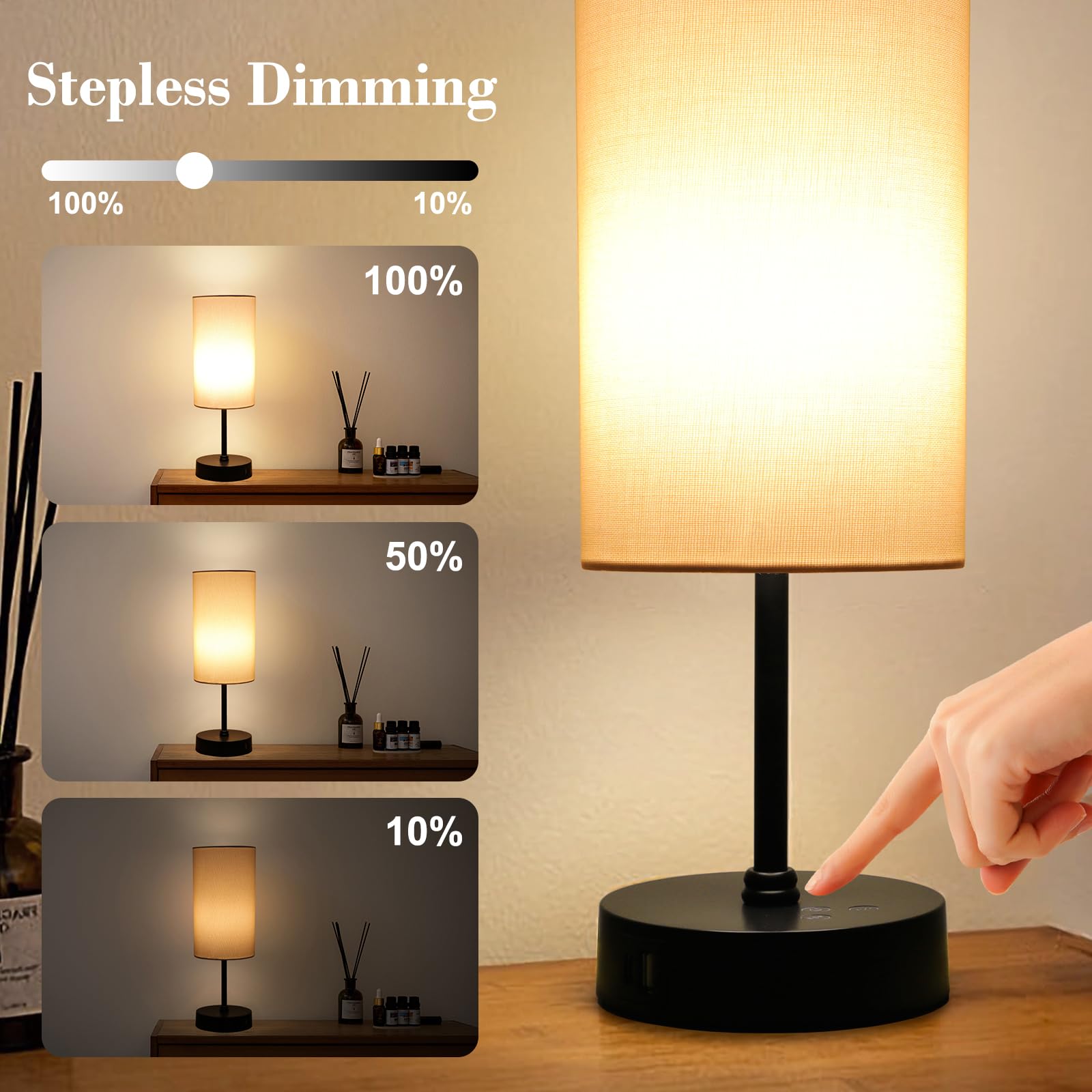 Ascher RGB Table Lamp - Color Changing, 3 Color Temperatures, Dimmable, Touch Control, Cream Shade, Small Bedside Light