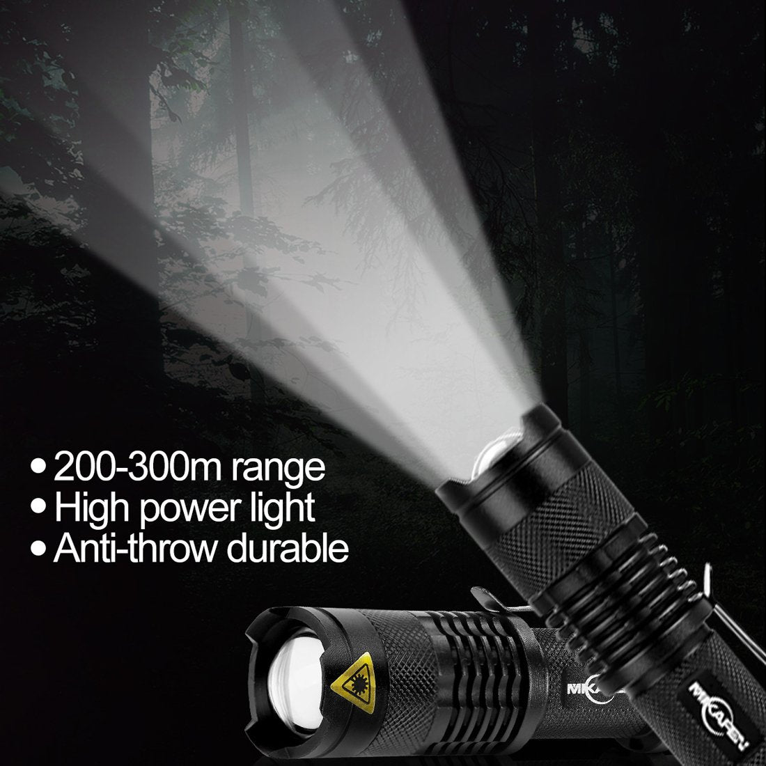 MIKAFEN Mini Flashlights 5 Pack - 300lm LED Adjustable Focus, Black, Model DZ204, Aluminum