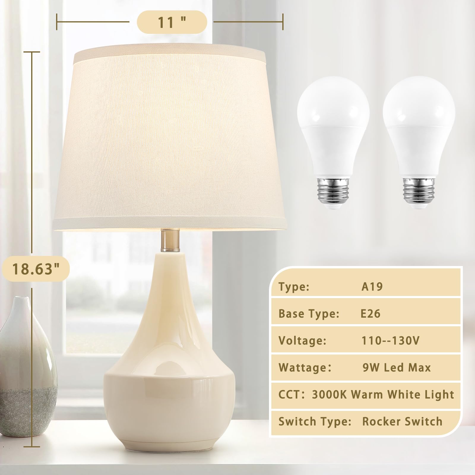 GyroVu Ceramic Table Lamp Set of 2, 18.63” Modern Nightstand Lamps in Cream with White Lampshade, LED Bulbs Included