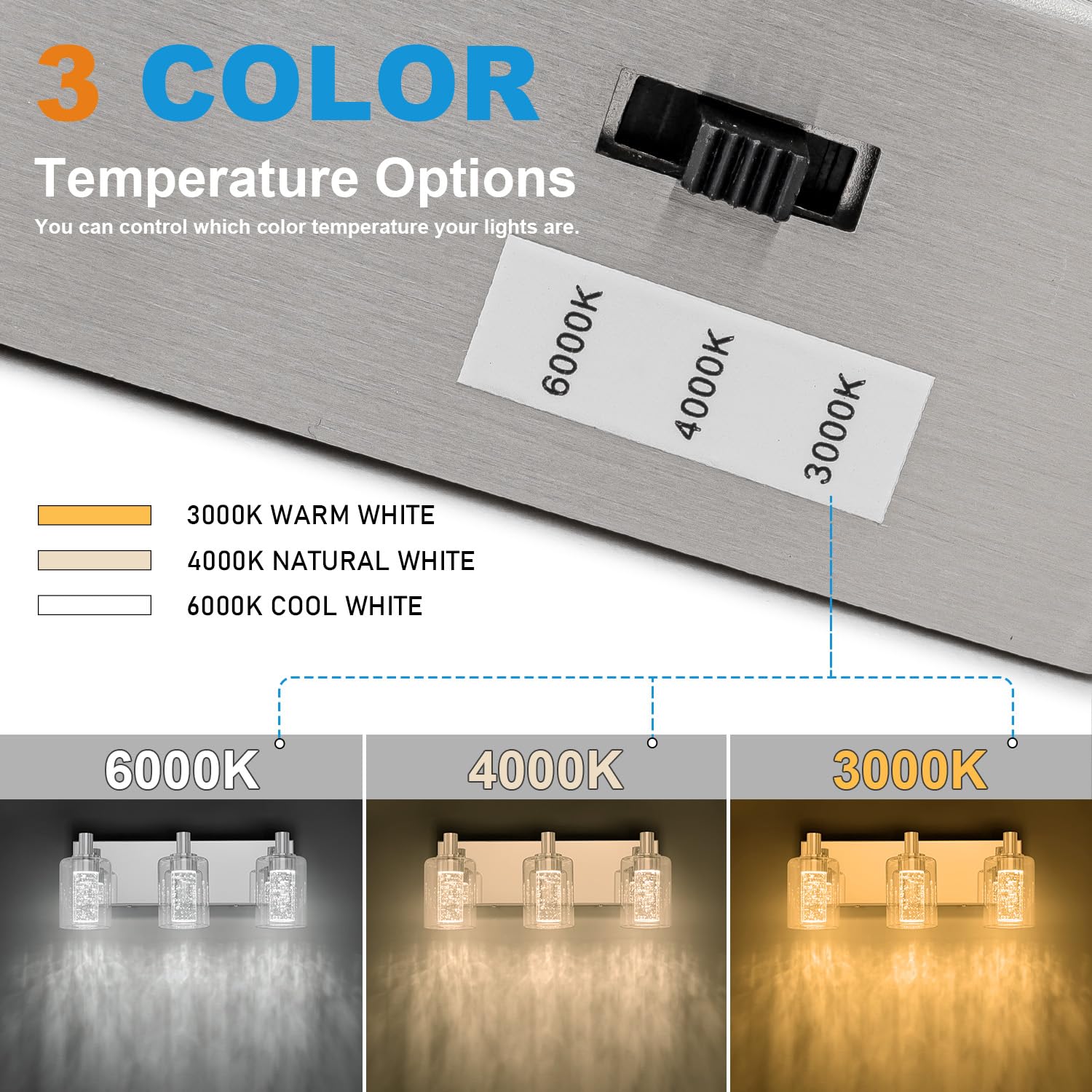 SineRise Vanity Light 3-Light Dimmable LED Fixture with 3 Color Modes, Chrome, Metal, Model S0028