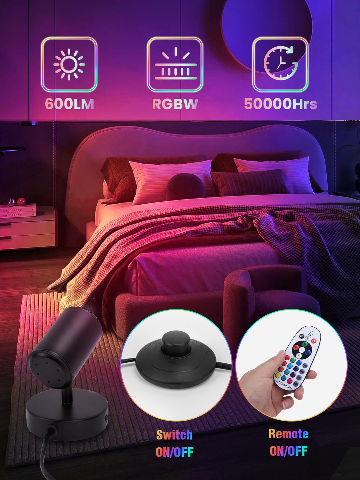 10W Led Spot Lights Indoor Rgb Color Changing Uplighting With Remote, 120V Christmas Spotlight Plant Accent Light With Switch Fo