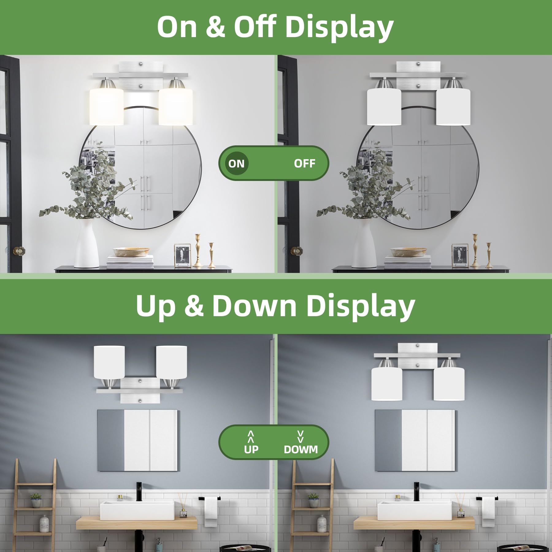 YICALE 2-Light Bathroom Vanity Lights, Brushed Nickel, Milky White Glass Shade, E26 Base, Model ZM-JQD-2L