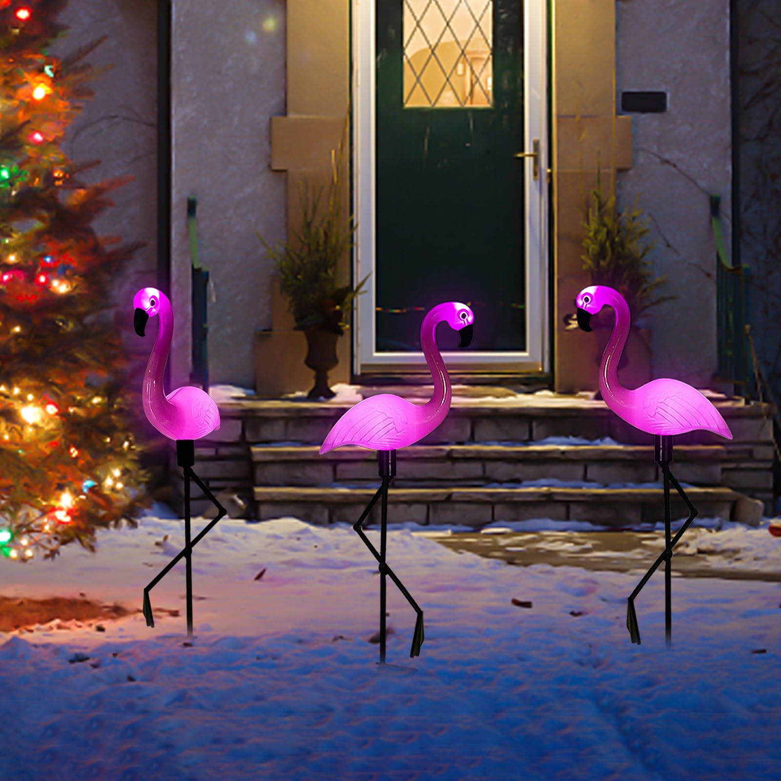 Ratopo Solar Flamingo Light 3 Pcs, Waterproof Solar Garden Lights Outdoor Decor, Pink Flamingo Garden Decor, Birthday Christmas New Home Gift, for Yard Lawn Walkway Pathway