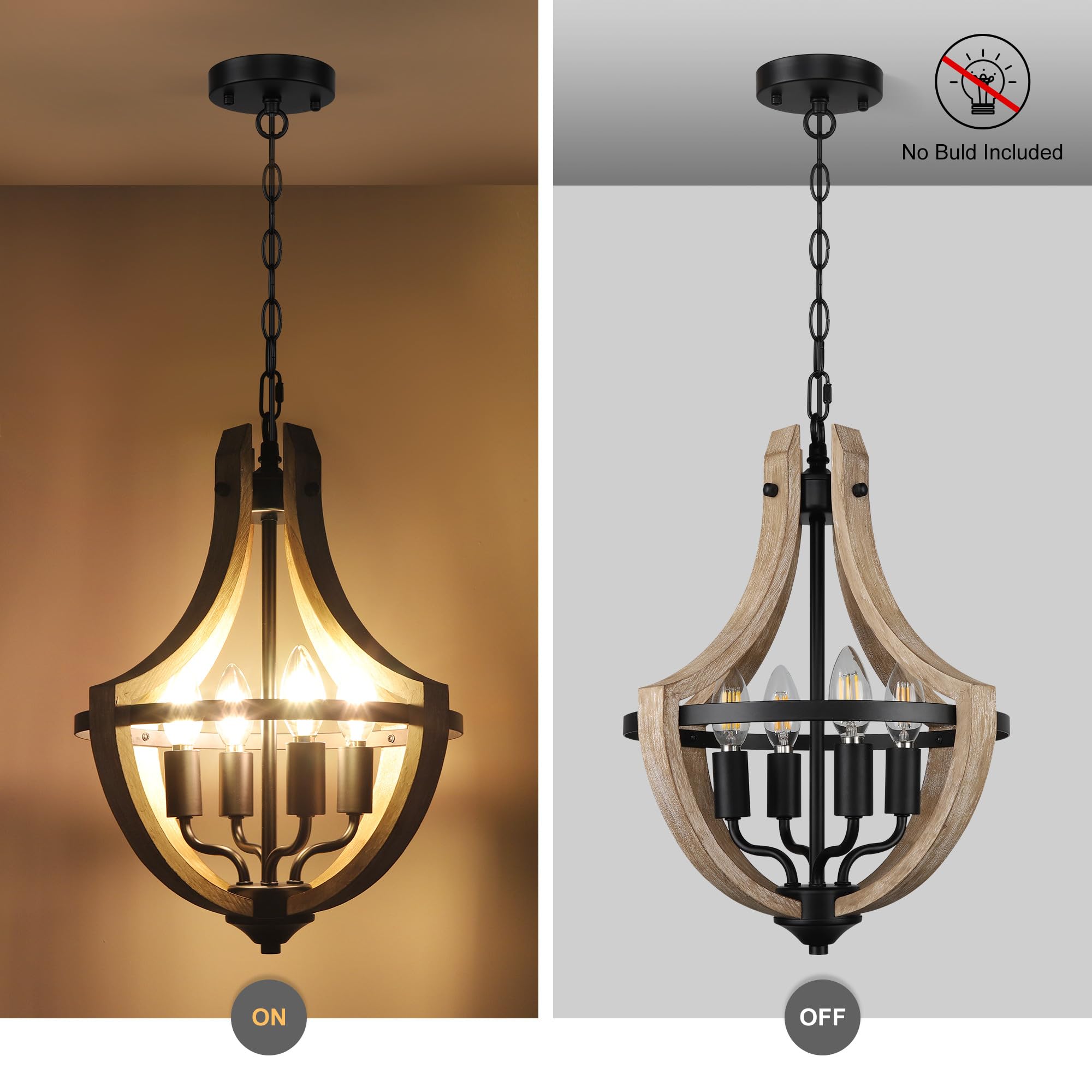 4-Light Farmhouse Dining Room Light Fixture, Adjustable Height Hanging Wood Vintage Pendant Lights For Kitchen Island Hallway Fo