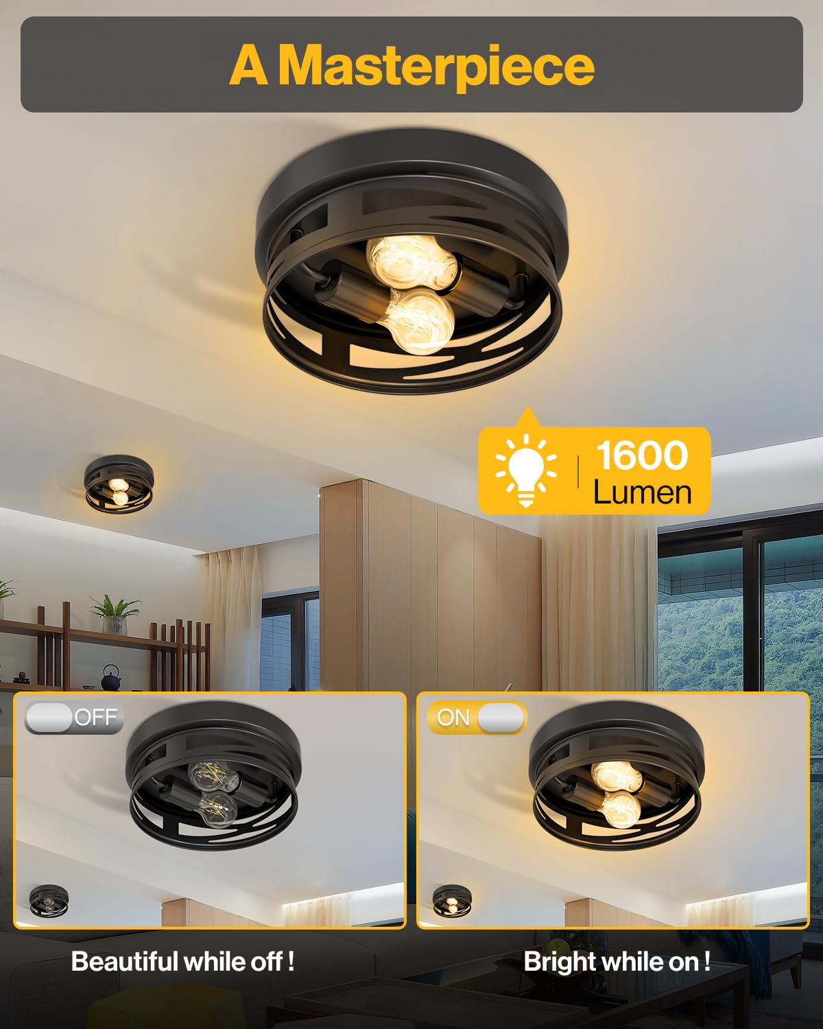 Sunco Flush Mount Ceiling Light, 11in Diameter, 2700K Soft White, Dimmable A19 Edison LED Bulbs, Alloy Steel, Model CL_MD_2H-BK-