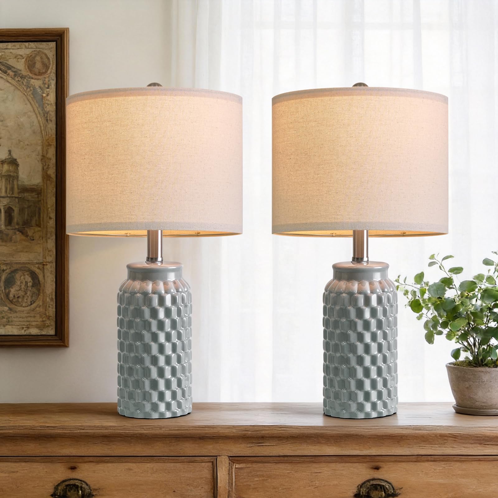 USumkky 20.5 Ceramic Table Lamps Set of 2  Modern Farmhouse Boho Bedside Lamps for Bedroom  Nightstand Lamps for Living Room End Tables  Small Desk Lamps  Grey