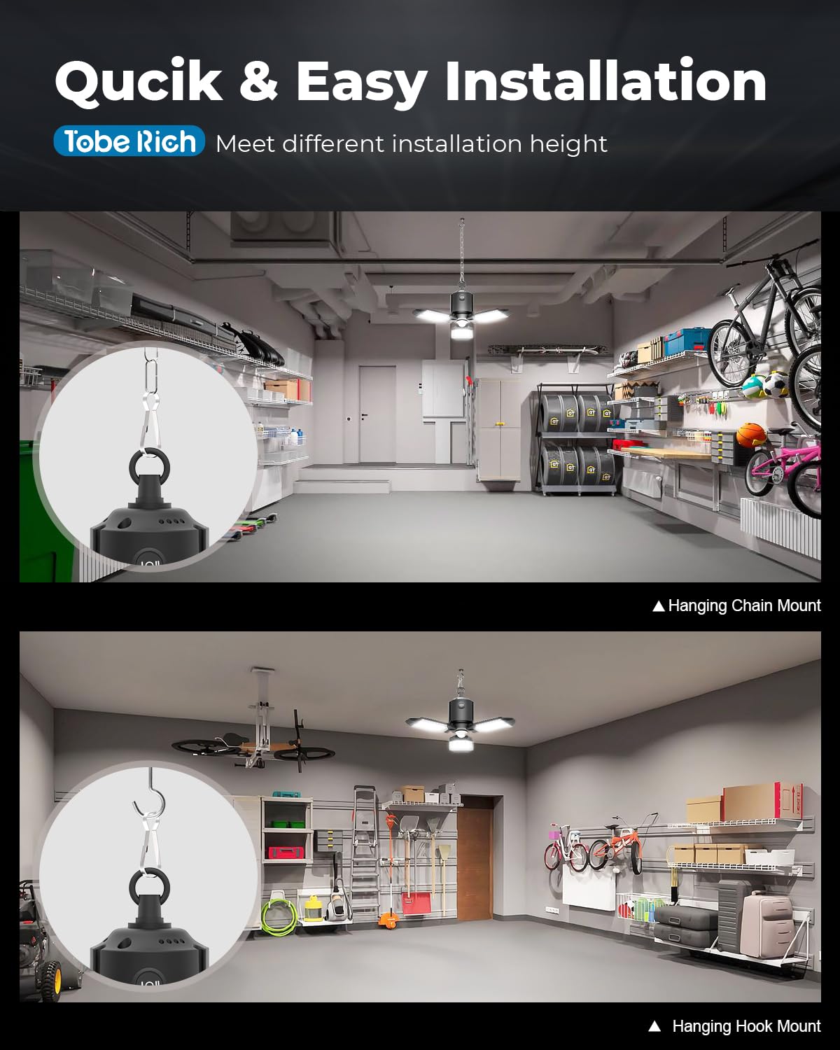 Toberich 2 Pack Plug In Motion Sensor Garage Light - 8000Lm Shop Light With 3 Modes, 3 Deformable Led Panels, 6500K Indoor Motio