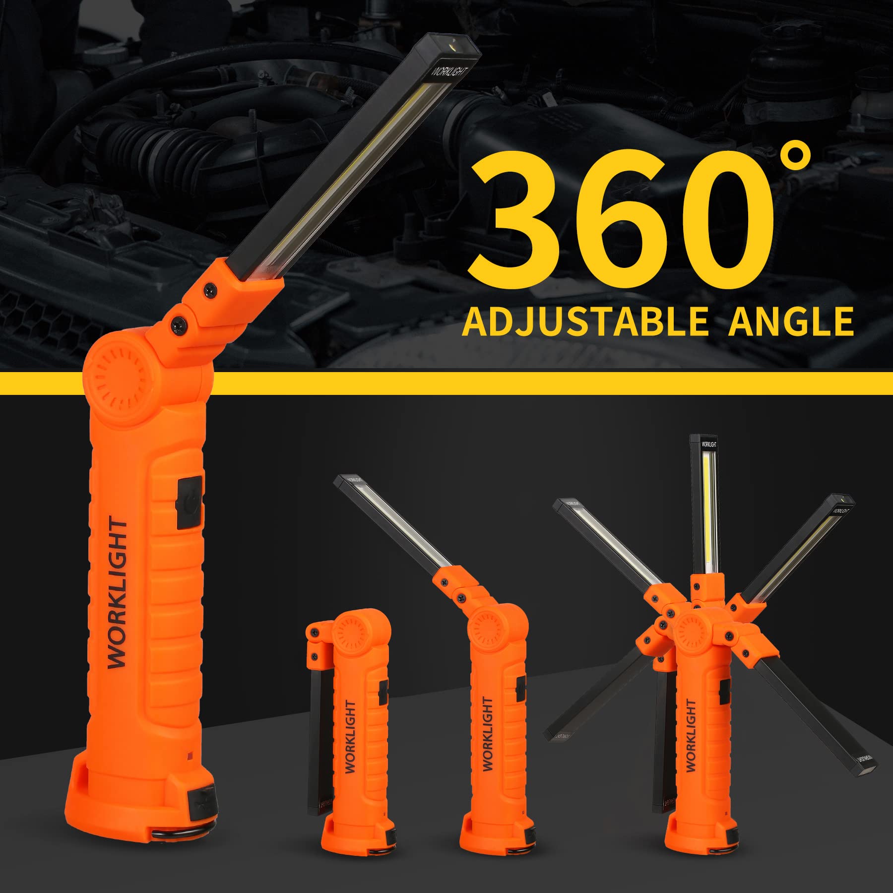 Led Rechargeable Work Lights,Vagocom Flashlight Hand Tools Mens Dad Birthday Gift Magnetic Worklight,360°Rotate 5 Modes Portable Inspection Torch For Mechanics,Automotive,Camping,Emergency (2 Pack)