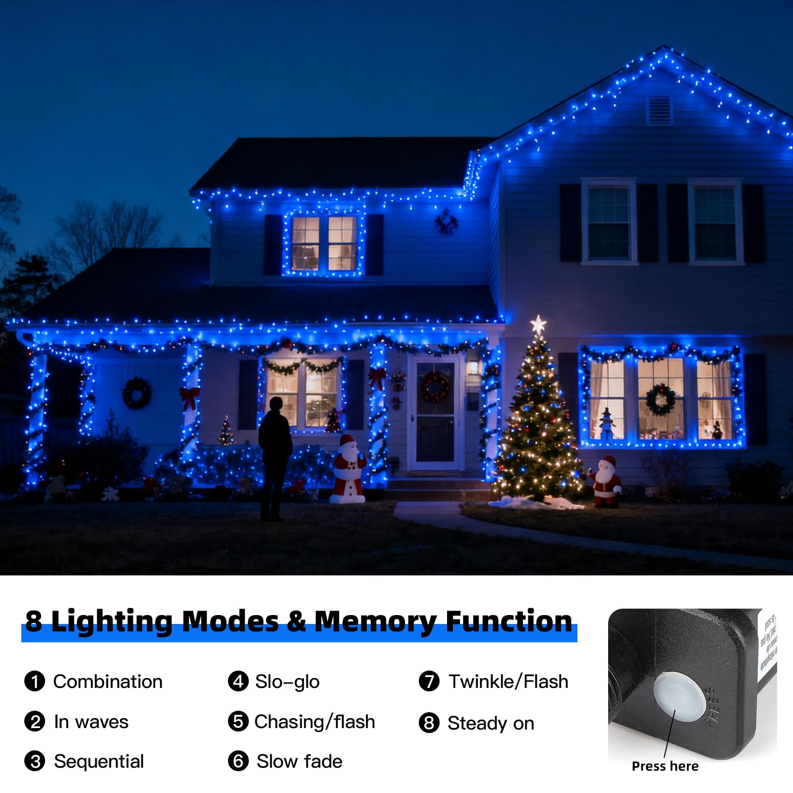 Vtechology 500 Led Blue Christmas Tree Light Plug In Connectable 170Ft String Lights With 8Modes Ul Certified Outdoor Indoor For Halloween Holiday Bedroom Party Decor