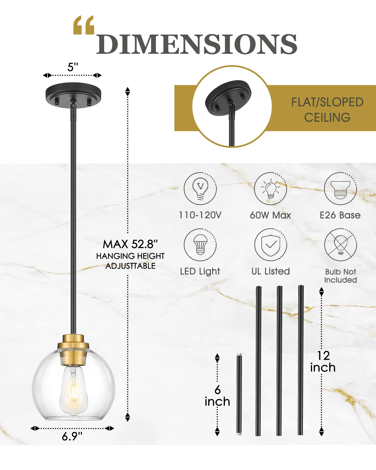 Audickic Pendant Lights Kitchen Island  7 Black And Gold Hanging Lights Fixtures With Clear Glass Globe Shade  Modern Kitchen Island Lighting For Bathroom  Ad-22280-1P-Kg