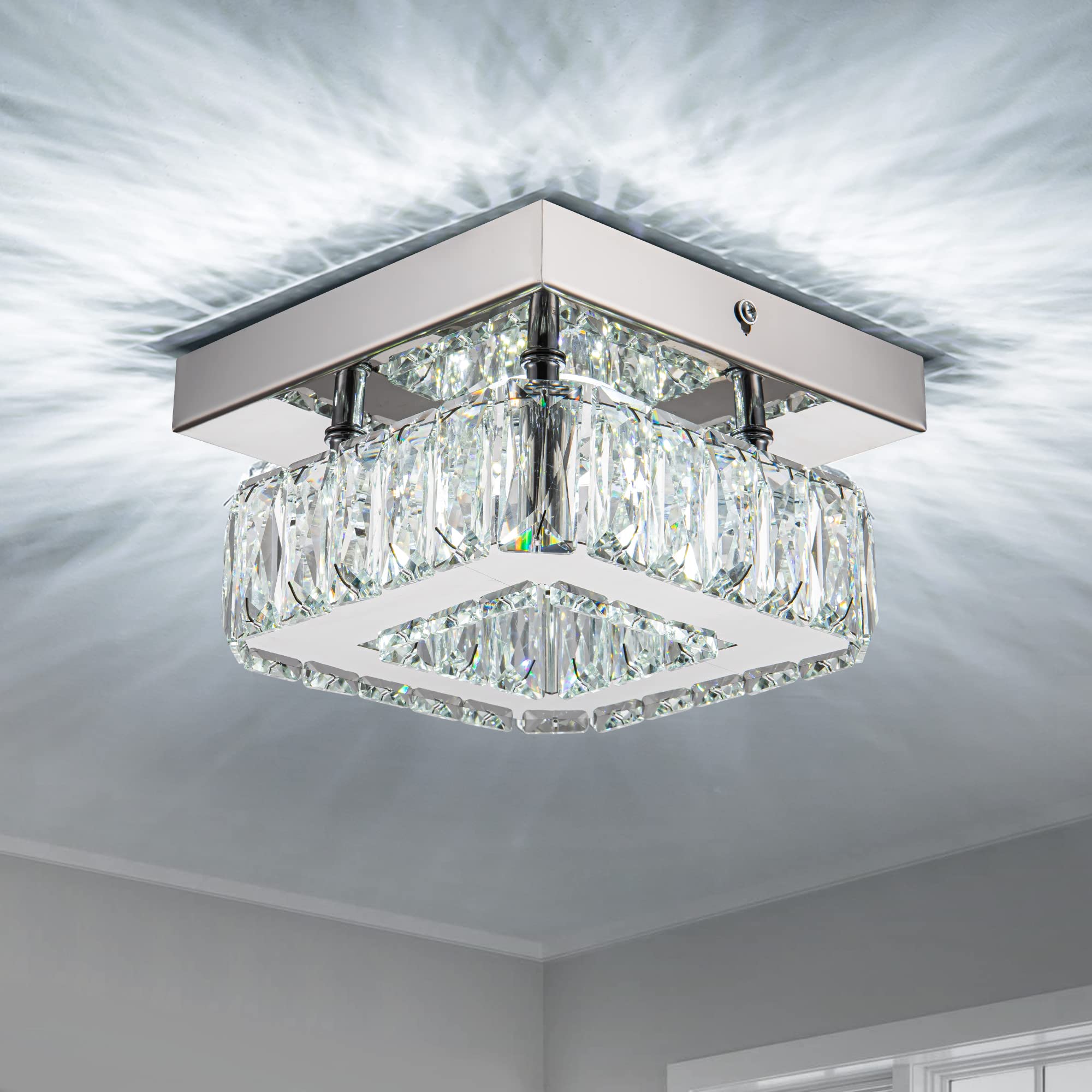 HomLaiting Crystal Ceiling Light Fixture - Square Flush Mount Dimmable LED Chandelier for Bedroom, Hallway, Kitchen, Bathroom