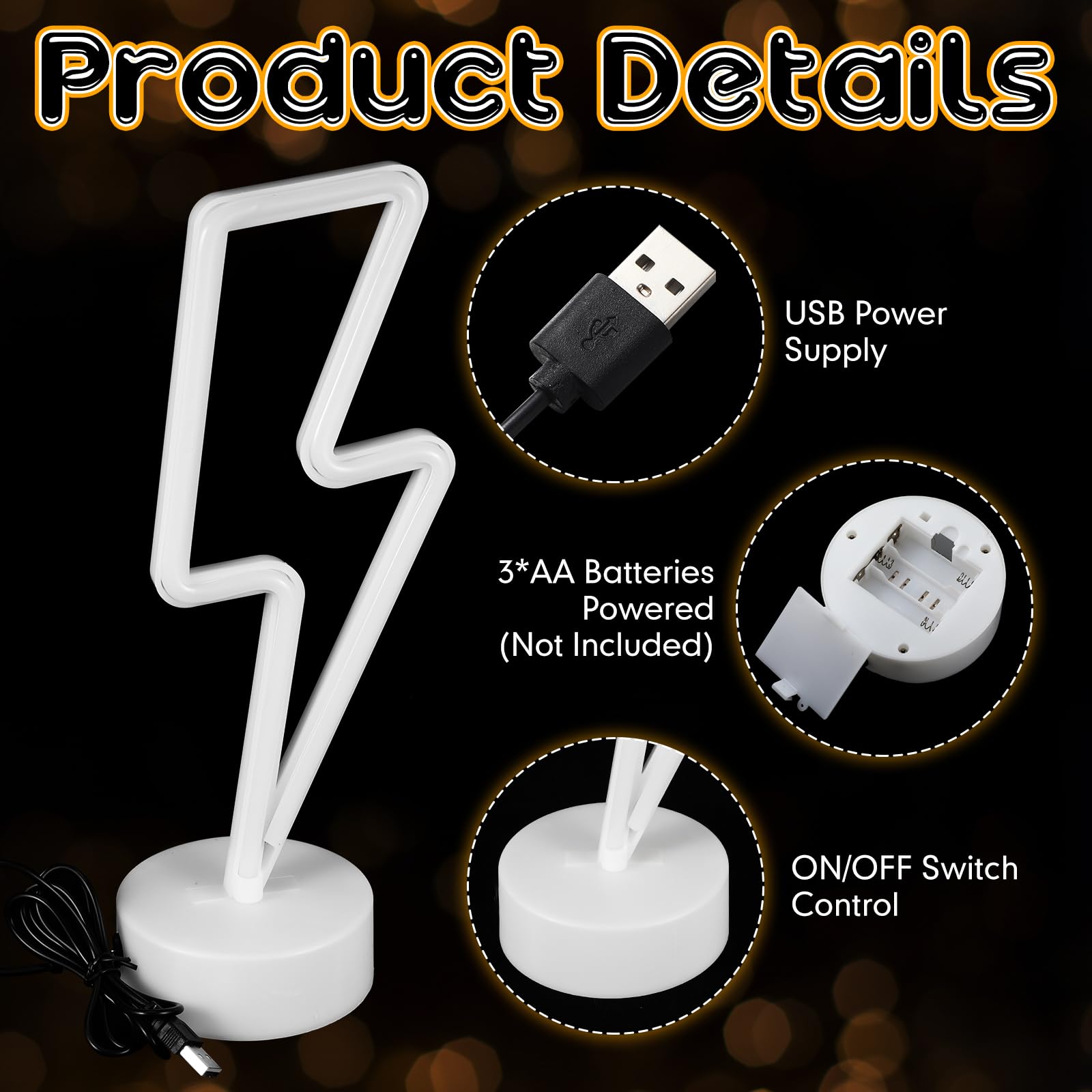 Sieral Lightning Bolt Neon Sign LED Light with Base, USB/Battery Operated, Multi Colors, Model Sieral-Neon Signs-05