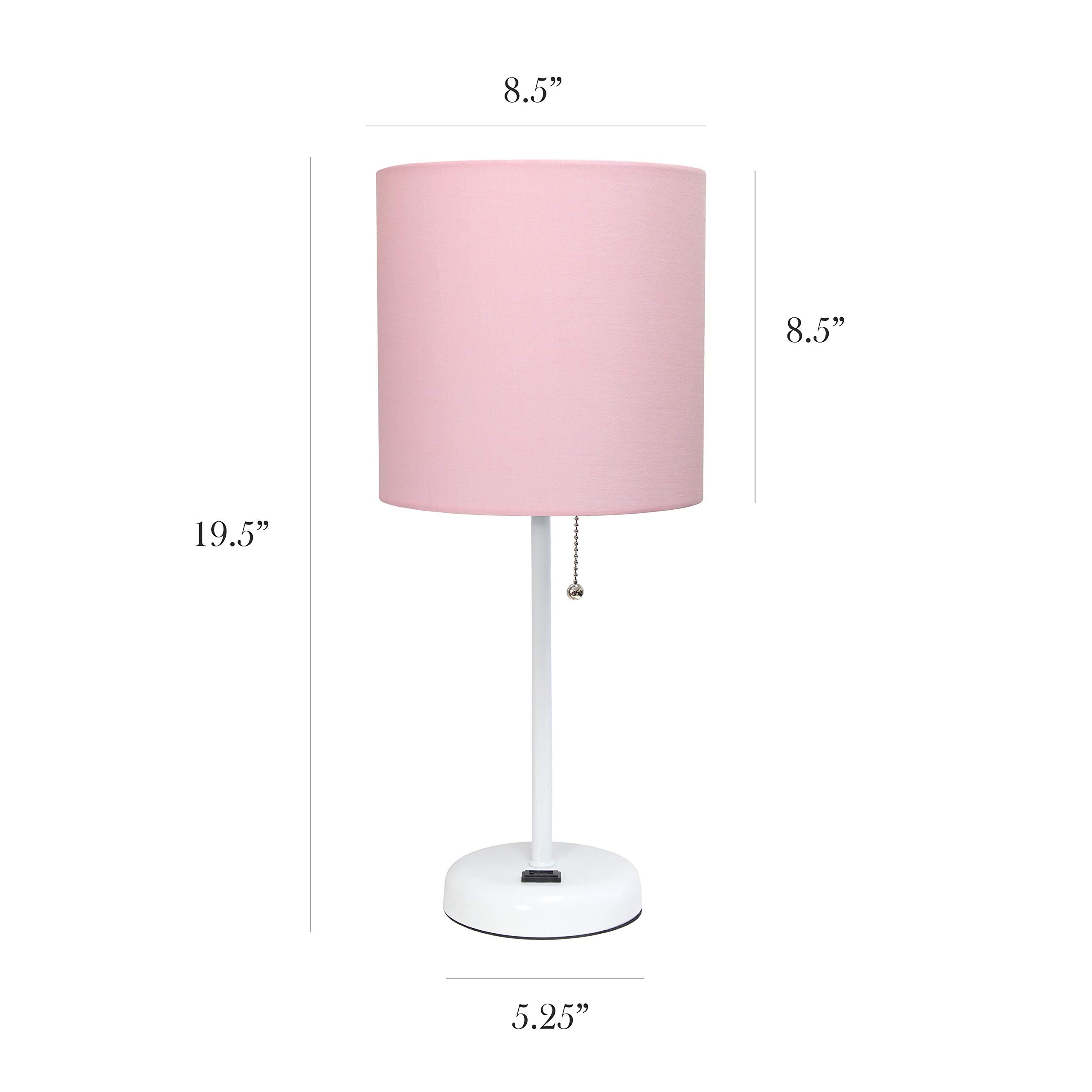 Simple Designs Lt2024-Pow White Stick Table Desk Lamp With Charging Outlet And Drum Fabric Shade, Light Pink