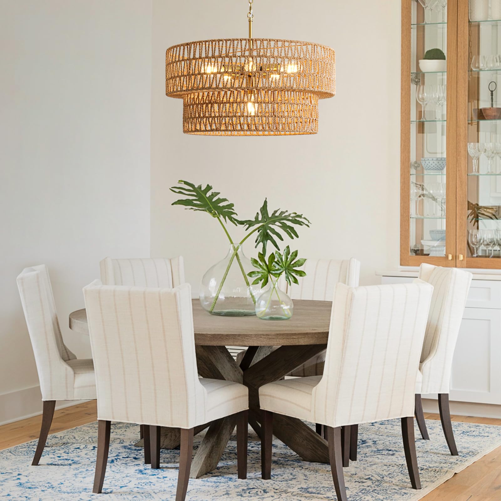 SupMaka 23.6" Boho Rattan Chandelier, 6-Light Pendant Light, Brown Wicker Shade, Ideal for Dining Room, Living Room, Bedroom