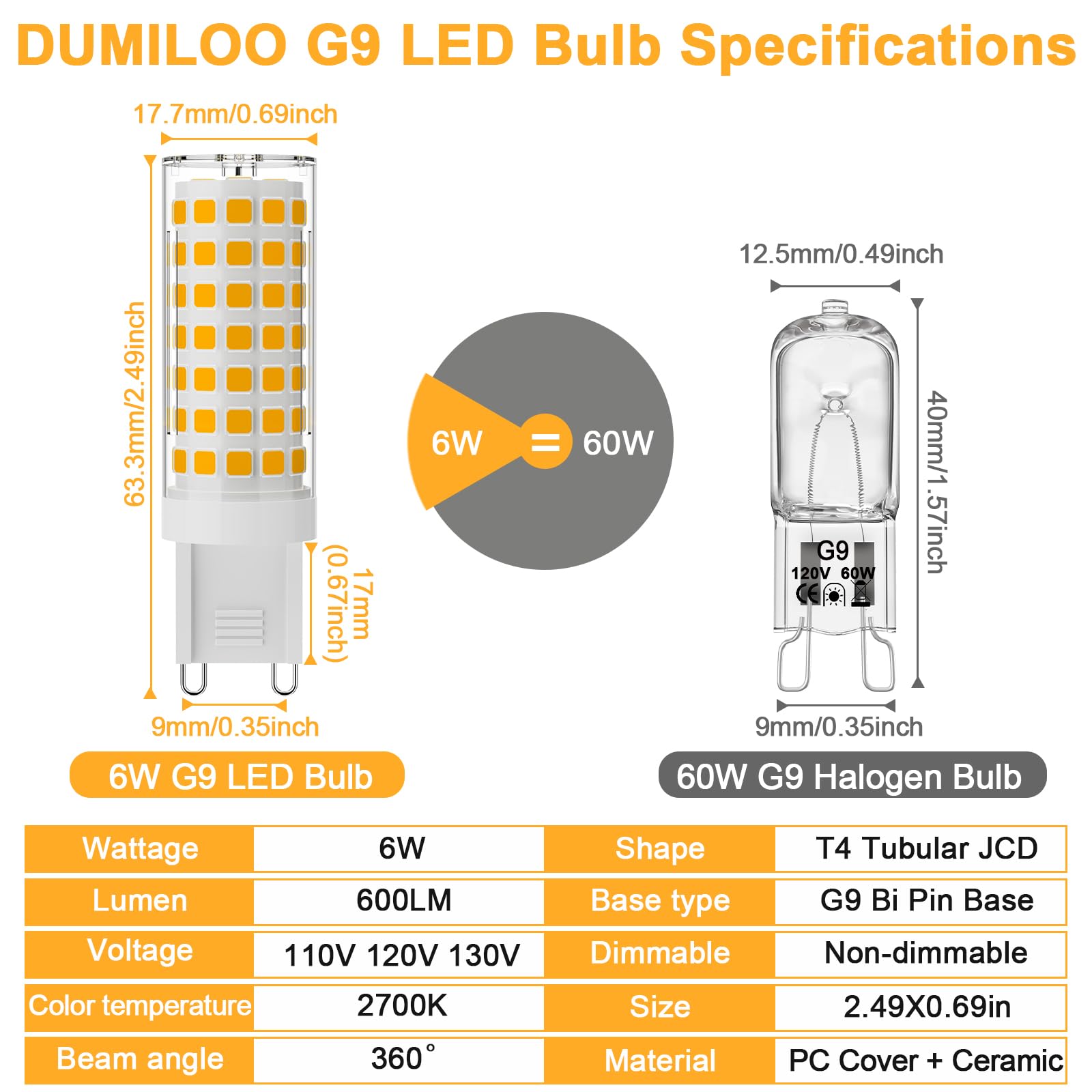 DUMILOO G9 LED Bulb 6W, 600LM Warm White, Non-Dimmable, Ceramic Base, 6 Pack for Chandeliers and Home Lighting