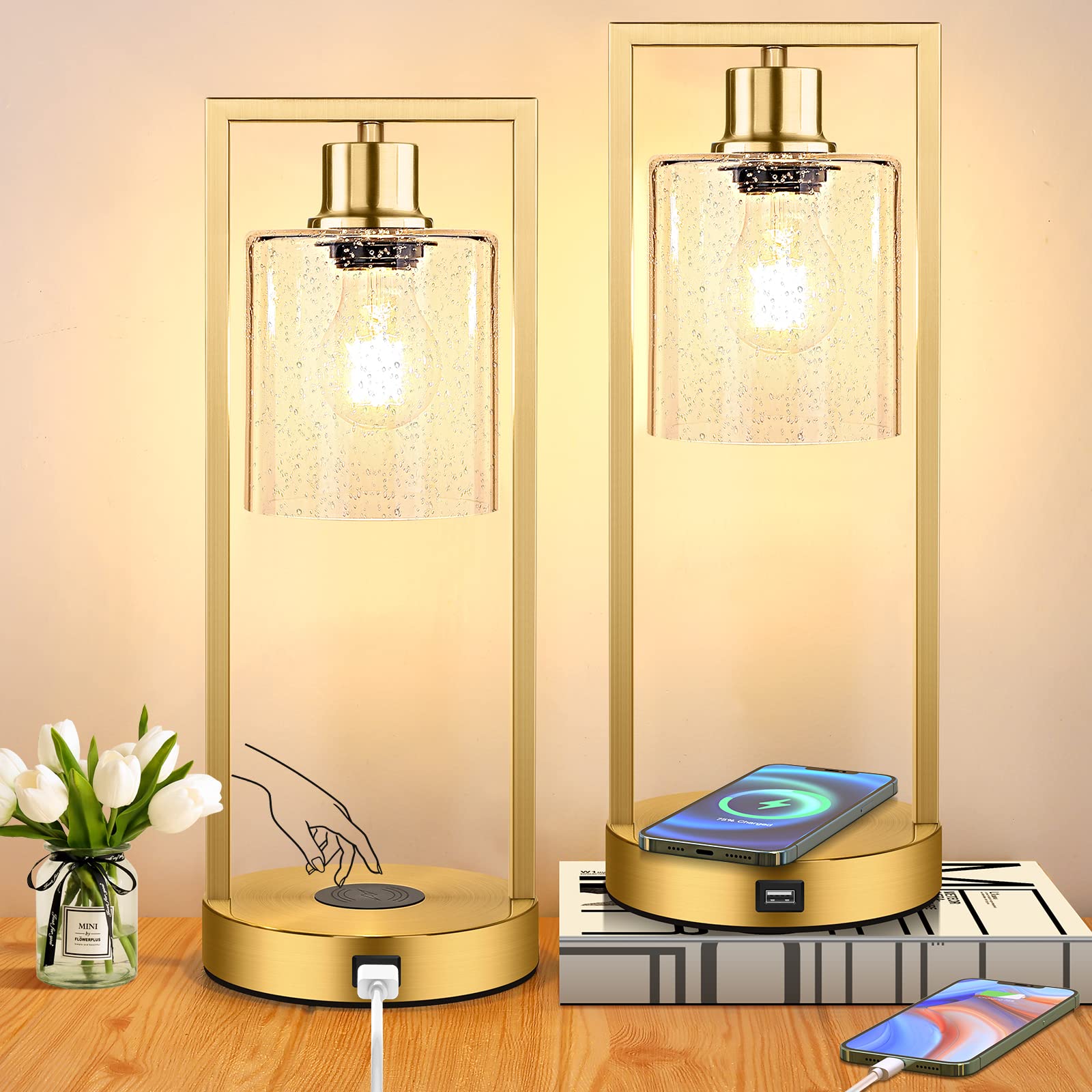 Gold Wireless Charging Lamps For Bedrooms Set Of 2, Bedside Touch Table Lamps 3-Way Dimmable, Bubble Glass Lamp Sets For Living 