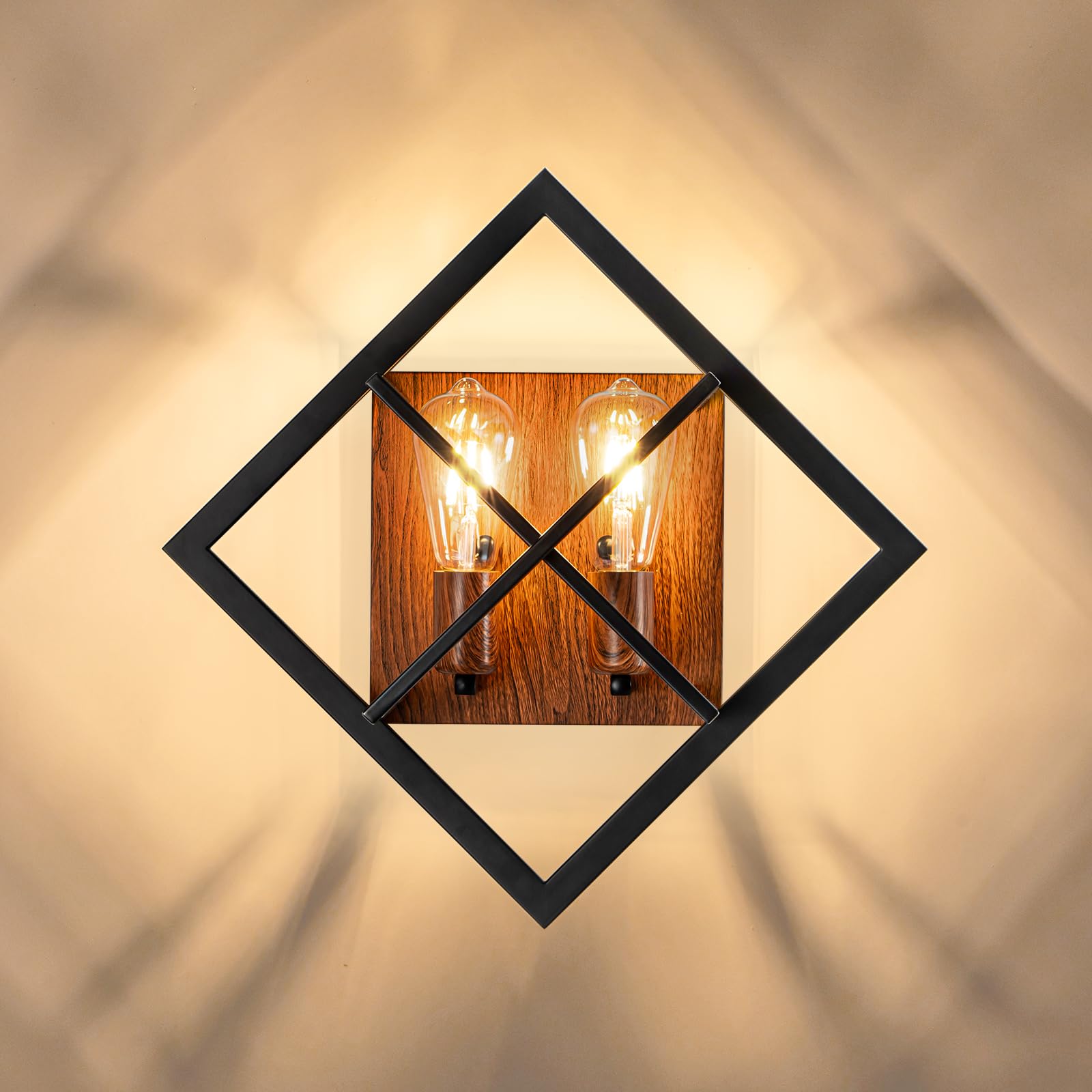 Fengkedu 2 Light Farmhouse Wall Sconces Black Wood Metal Wall Light With Square Cage Hardwired Wall Mount Lamp For Bedroom Livin