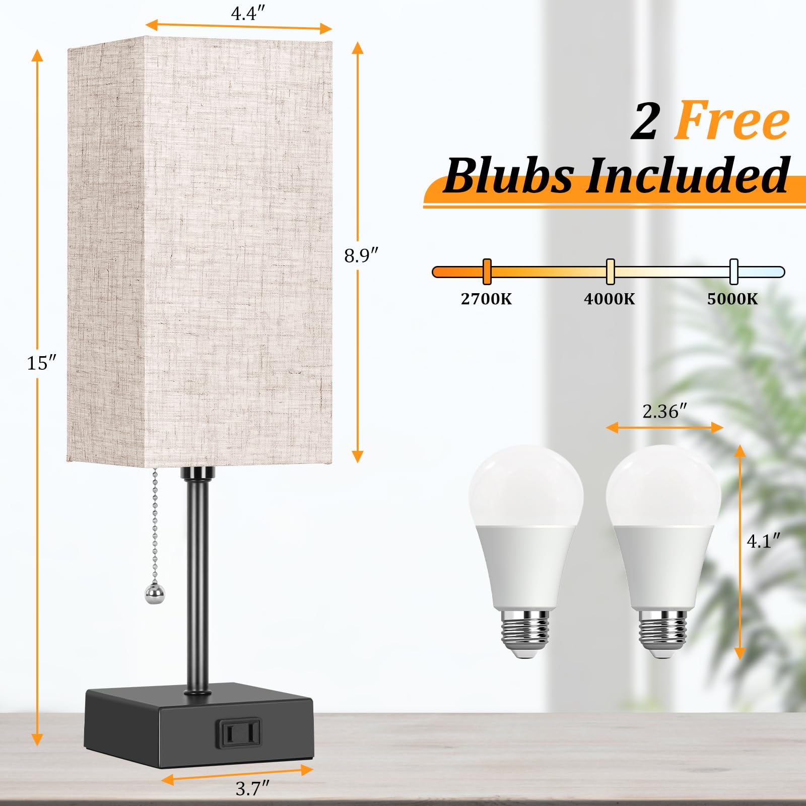 Table Lamp For Bedroom Set Of 2,3-Color Bedside Lamps With Pull Chain Table Lamps For Nightstand With Ac Outlets,Night Light Lam