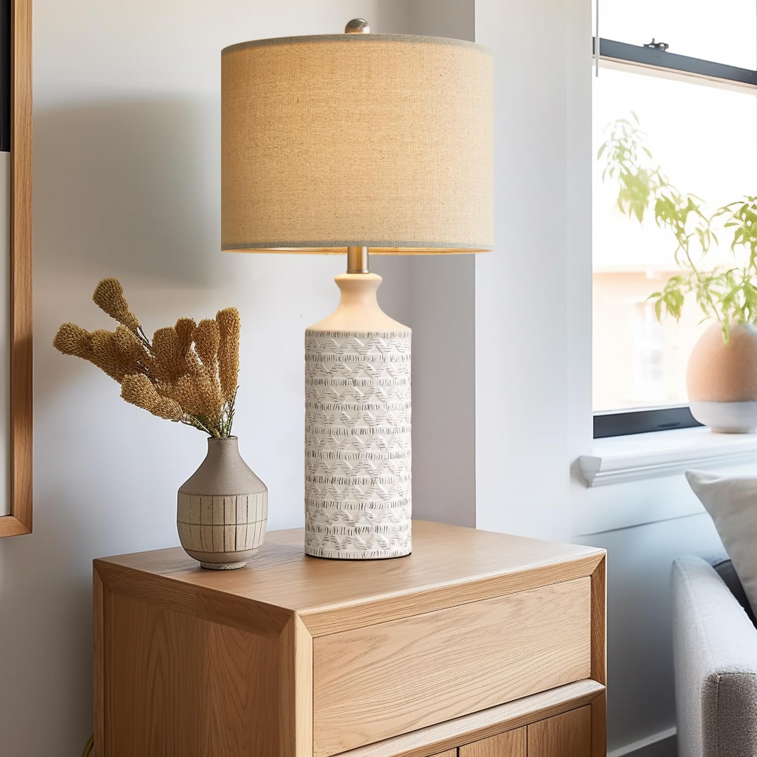 PoKat Ceramic Table Lamps Set of 2, 24in Medium Size, White, Modern Design for Living Room and Nightstands, Model AMZ-T1029AW