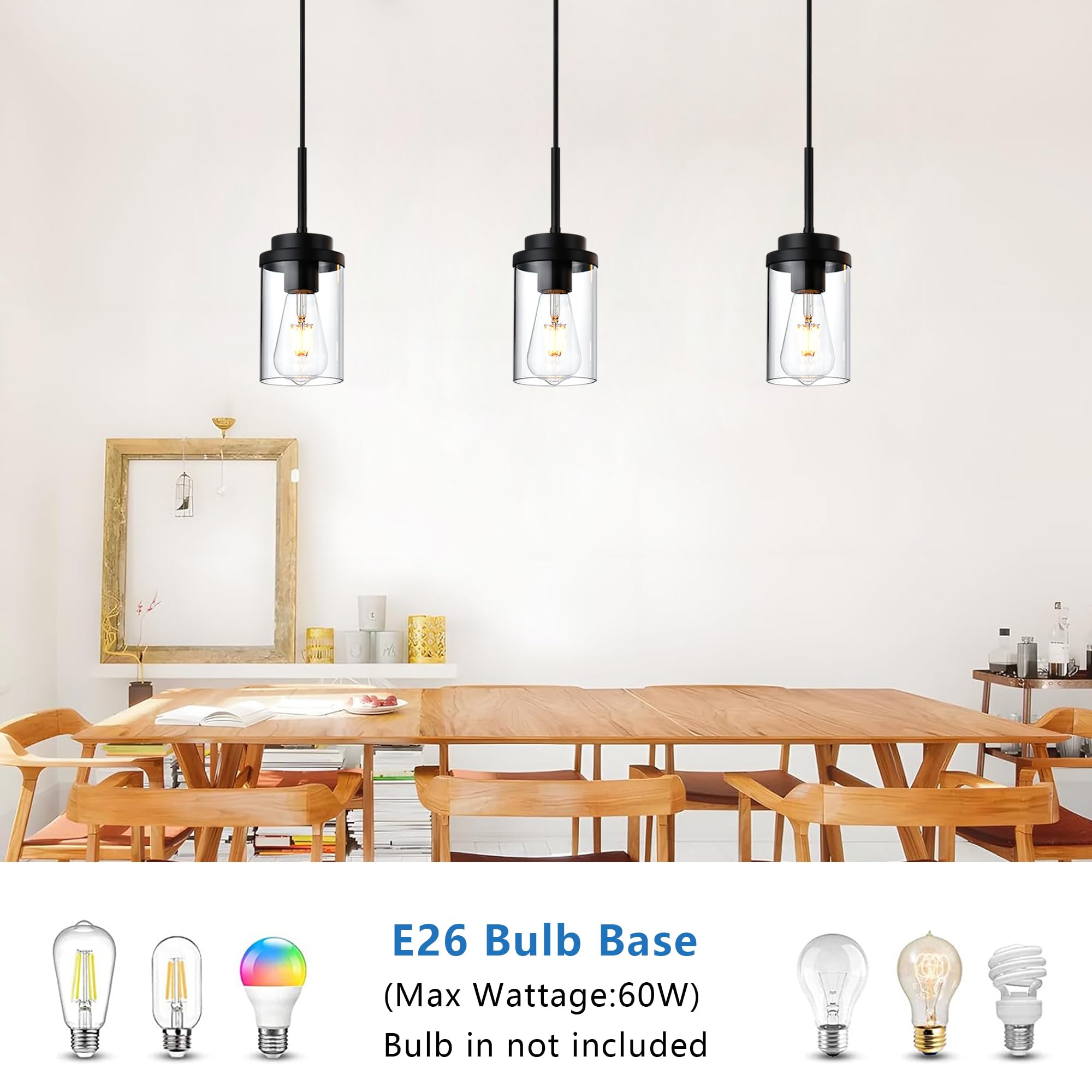 MELUCEE Hanging Pendant Light Fixtures, Adjustable Black Metal Ceiling Lamp with Clear Glass Shade, 3 Pack, Model 4-4501-3P-3BL