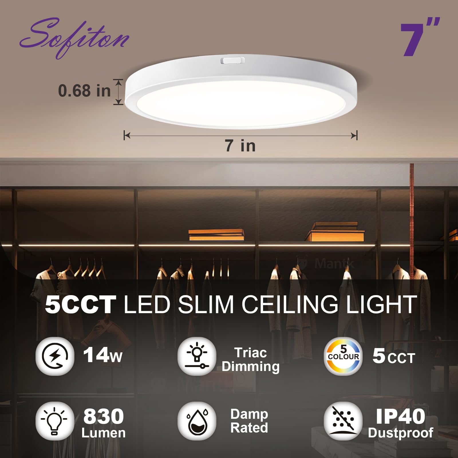 Sofiton 7 In. New-Ultra-Low Profile Edgelit Integrated Led 5Cct Selectable Flush Mount Light Surface Mount Light, White