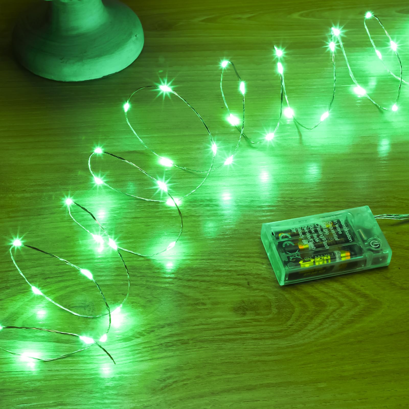SINAMER Green Fairy Lights Battery Operated (Included), 8 Modes & Auto timer, 16FT 50Led Mini Twinkle Silver Wire Firefly Starry