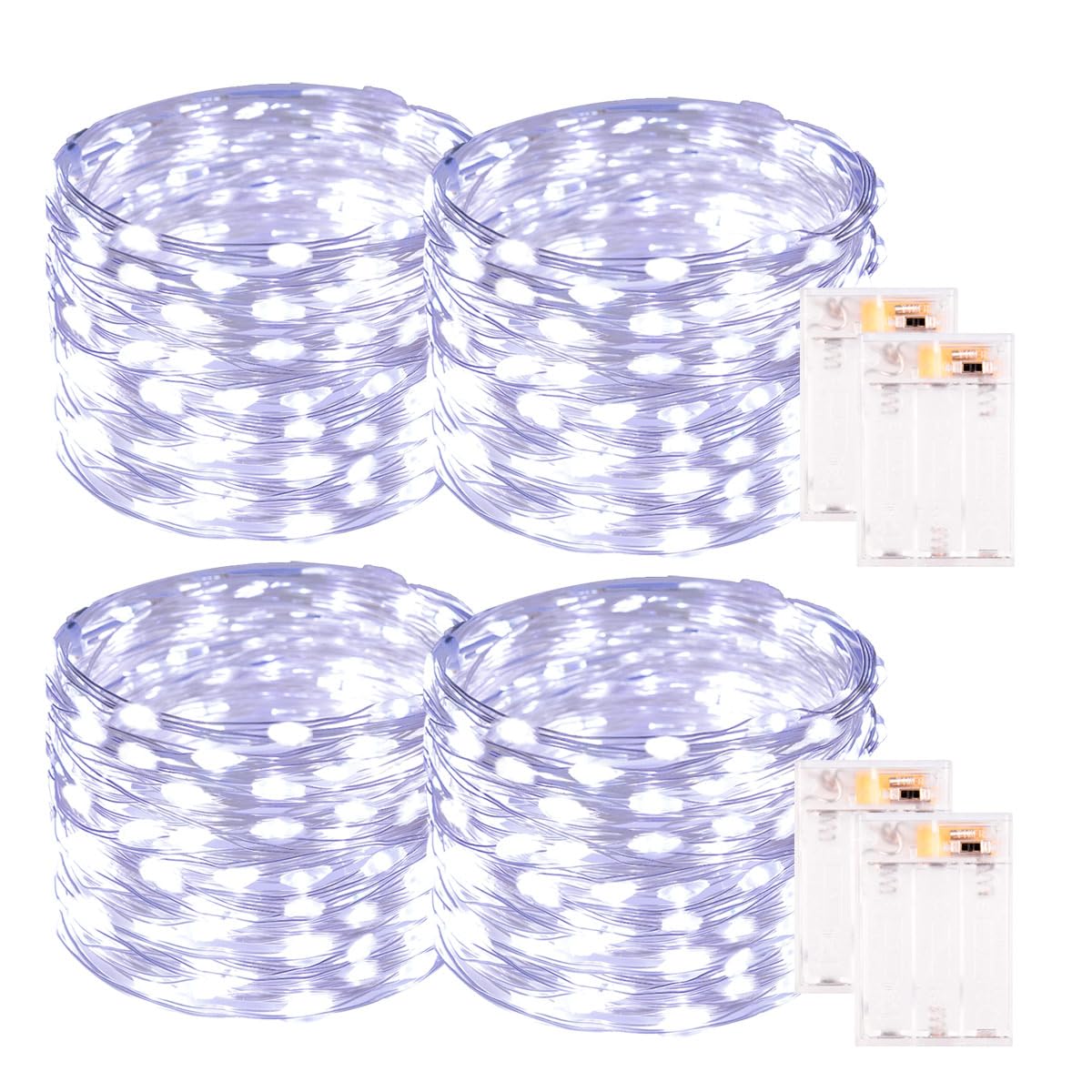PCORES 4Pack Cool White Fairy Lights Battery Operated with Timer, Waterproof 33FT 100LED String Lights Indoor Outdoor, Copper Wi