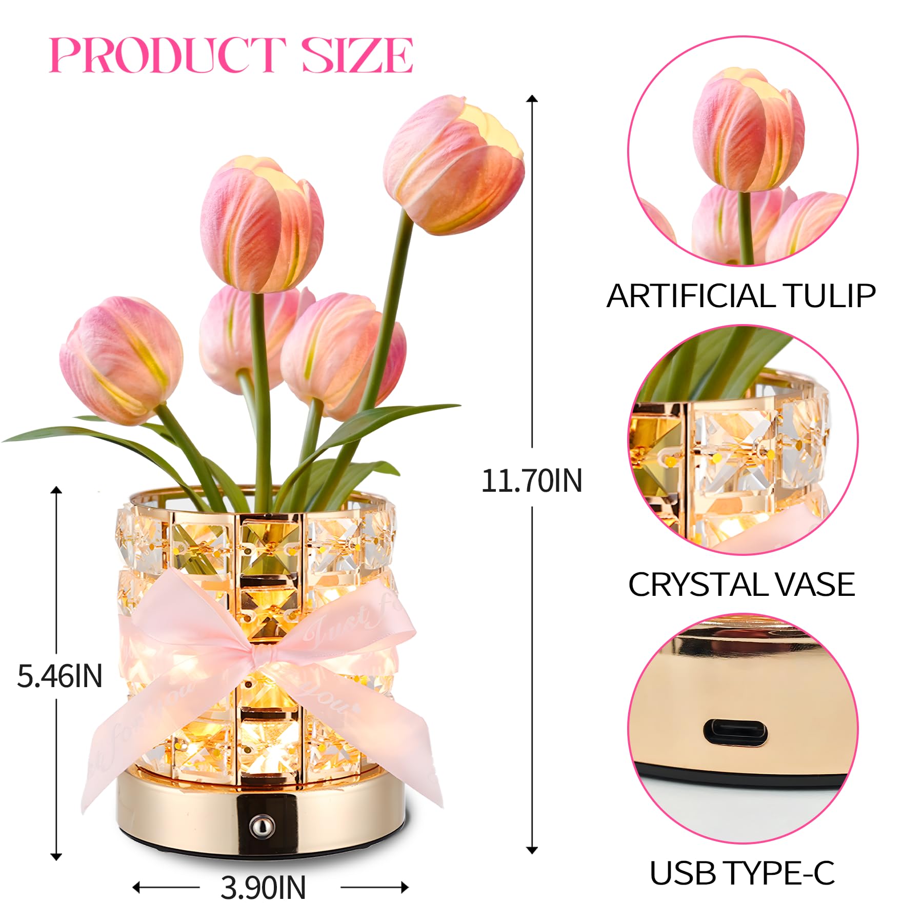 Mothers Day Gifts For For Mom/Birthday Gifts For Women, Flower Lamp Cordless Night Light Dimmable, Crystal Base With Usb Charge