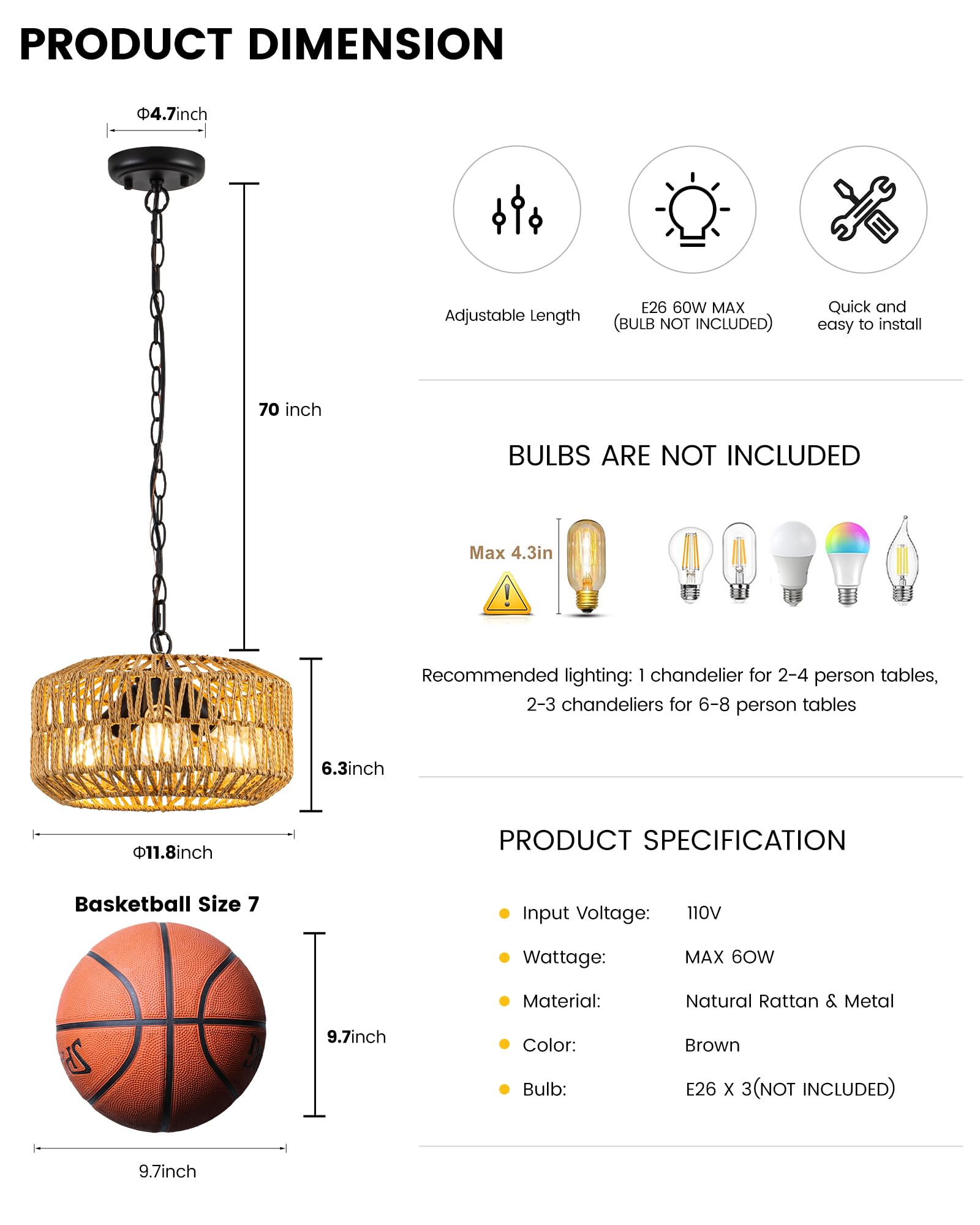 Leip 11.8'' Boho Rattan Chandelier, 3-Light Farmhouse Pendant Light For Kitchen Island, Dining Room, Living Room, Adjustable Han