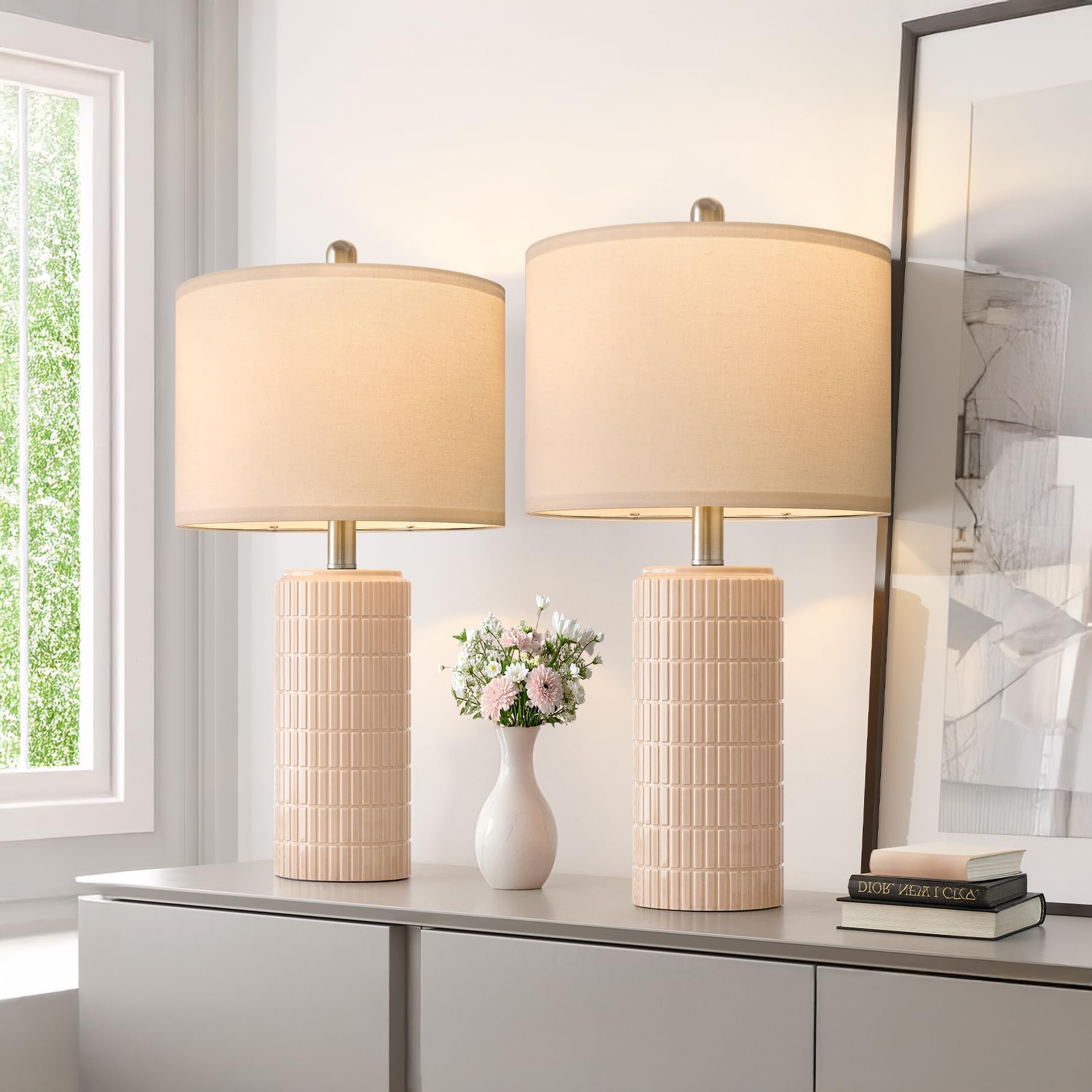 PoKat 23" Pink Ceramic Table Lamps Set of 2, Modern Bedroom & Living Room Decor, Medium Size, Cute Nightstand Lamps