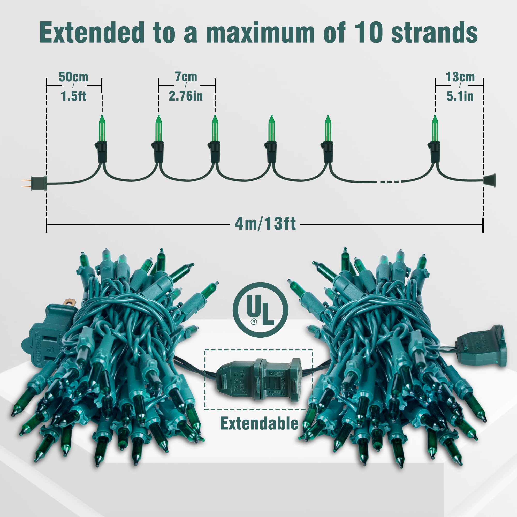 Hopolon Mini String Lights, 50 Count, 13 Feet, Incandescent, Waterproof, Green, 2PACK for Indoor/Outdoor Decor