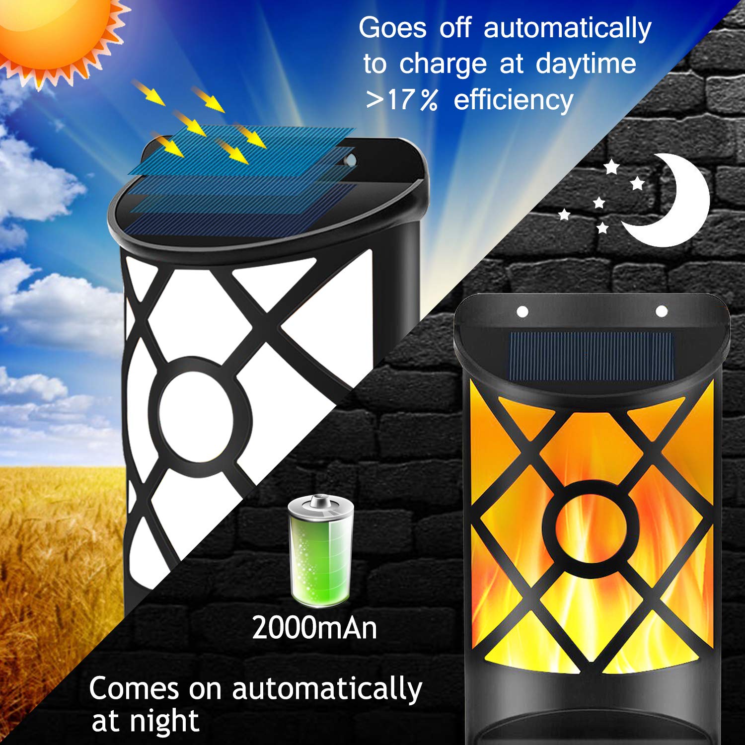 Aityvert Solar Flame Lights - Waterproof Flickering Flame, 66 LED, 6 Pack, Wall Mounted, Lattice Design for Outdoor Patio Deck Driveway
