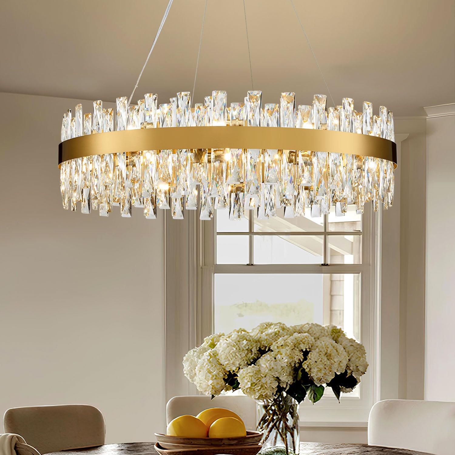 Tmafon Modern Brass Gold Crystal Chandelier Lights, Round K9 Crystal Raindrop Chandelier, Pendant Ceiling Light Fixtures For Din